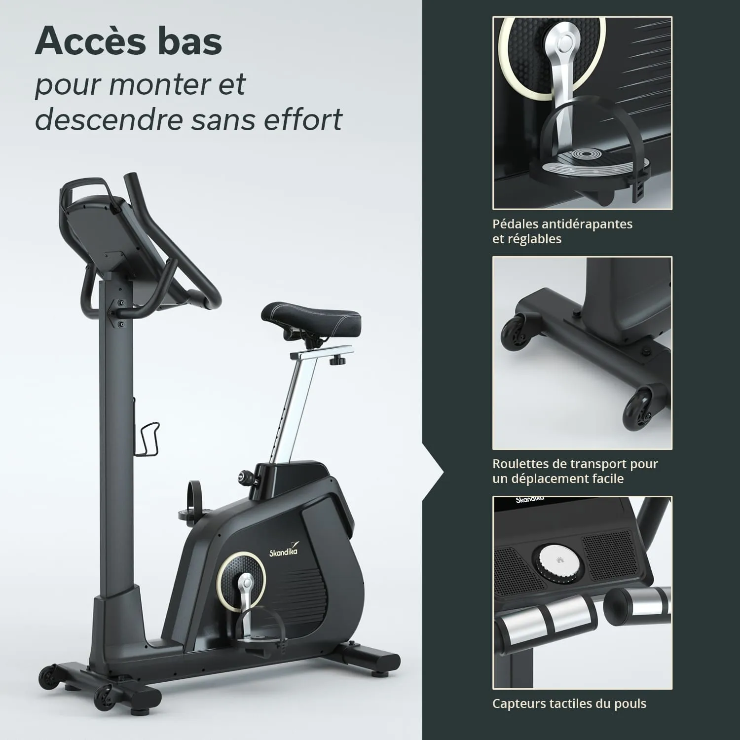 Heimtrainer in Schwarz mit verstellbarem Sattel, rutschfesten Pedalen und verschiedenen Bedienelementen.