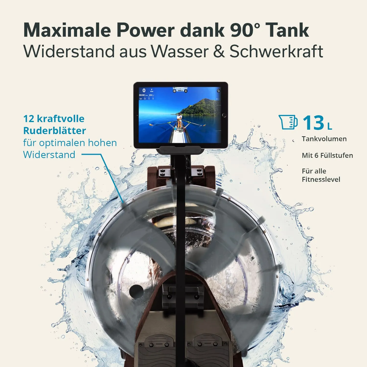 Rudergerät mit Wasser- und Schwerkraftwiderstand. Bildschirm zeigt eine Ruderlandschaft. Technische Details und Wasserbewegung sichtbar.