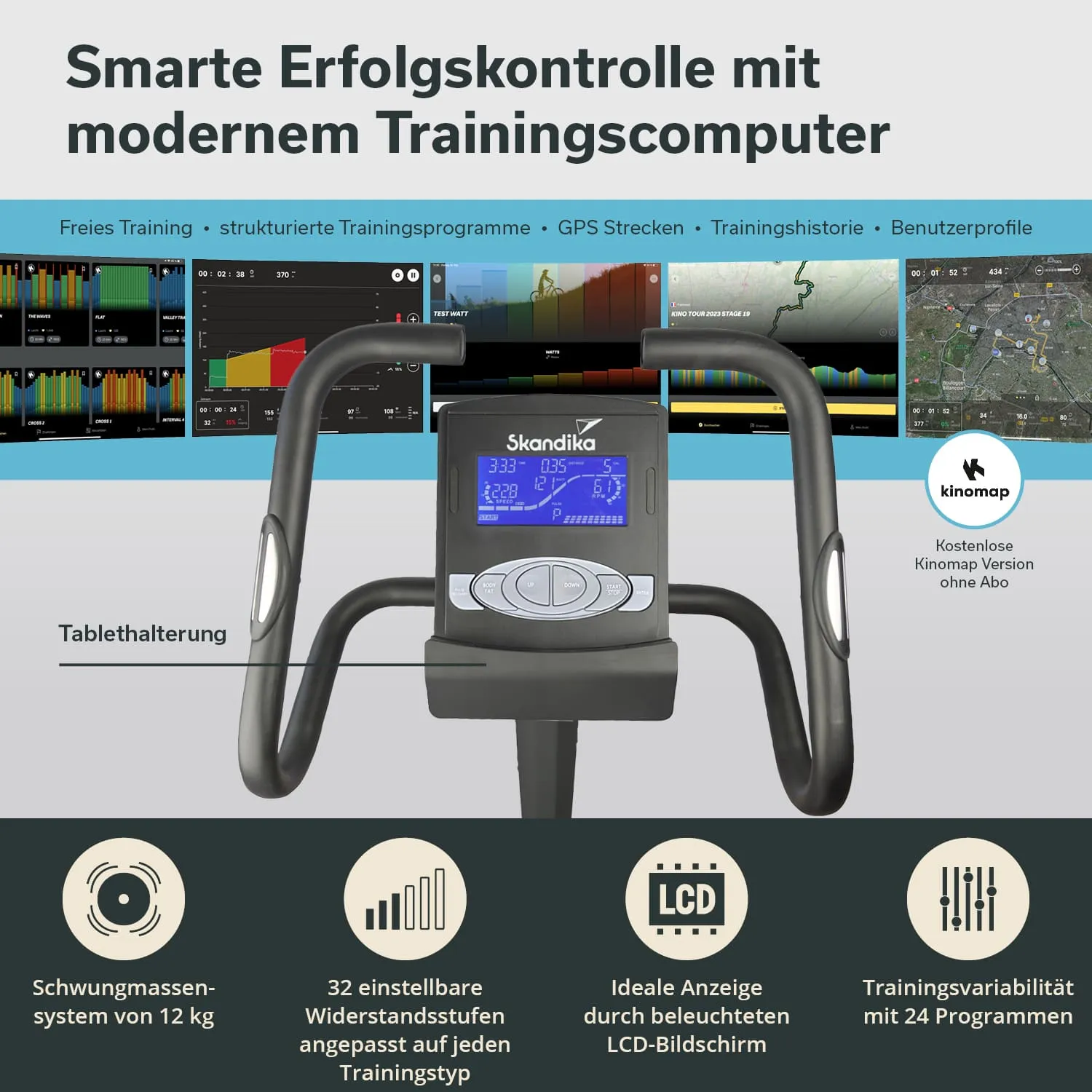 Traininggerät mit LCD-Bildschirm und Bedienelementen, Tablet-Halterung, Informationen zu Widerstandsstufen und Trainingsprogrammen.