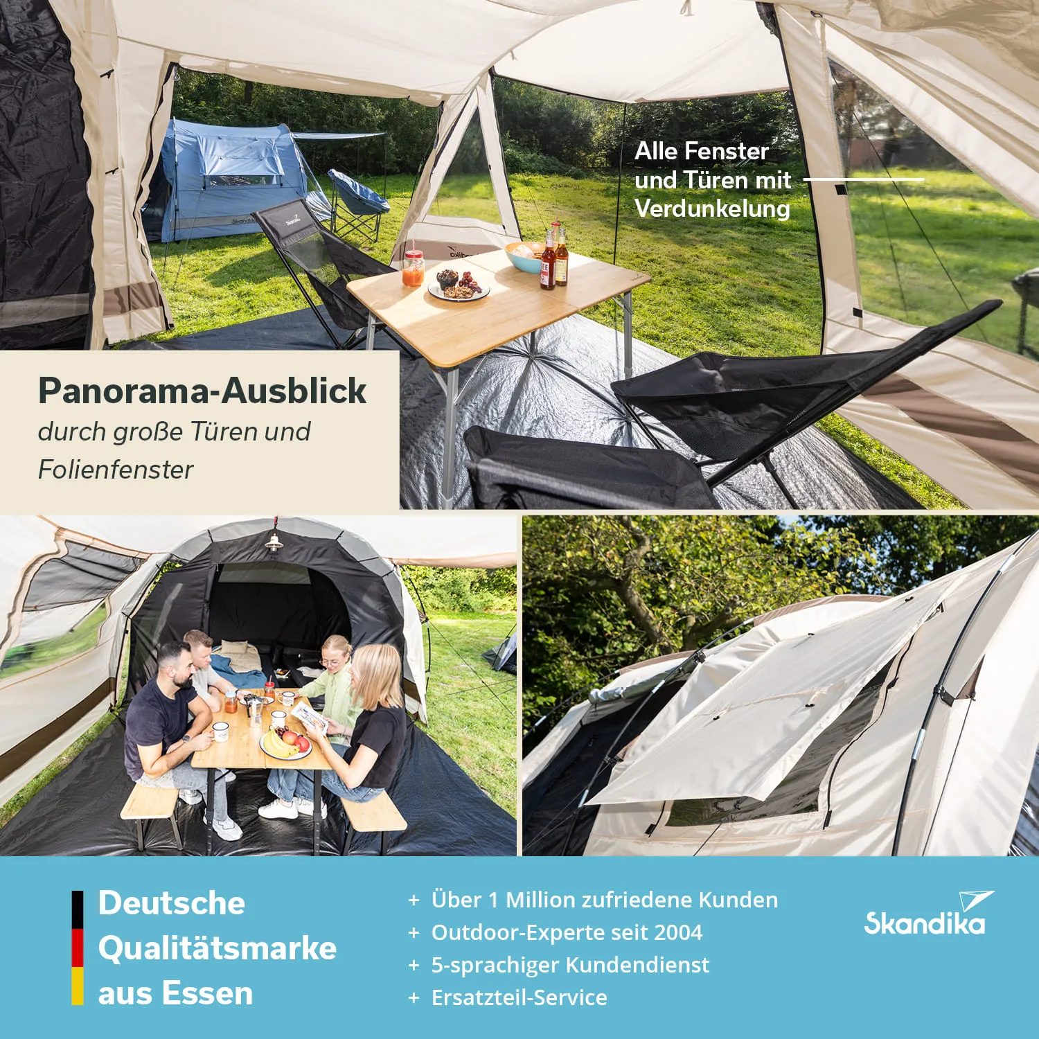 Zelt mit großen Fenstern und Türen, Tisch mit Snacks und Getränken, Personen sitzen auf Stühlen. Außenbereich mit Rasen.