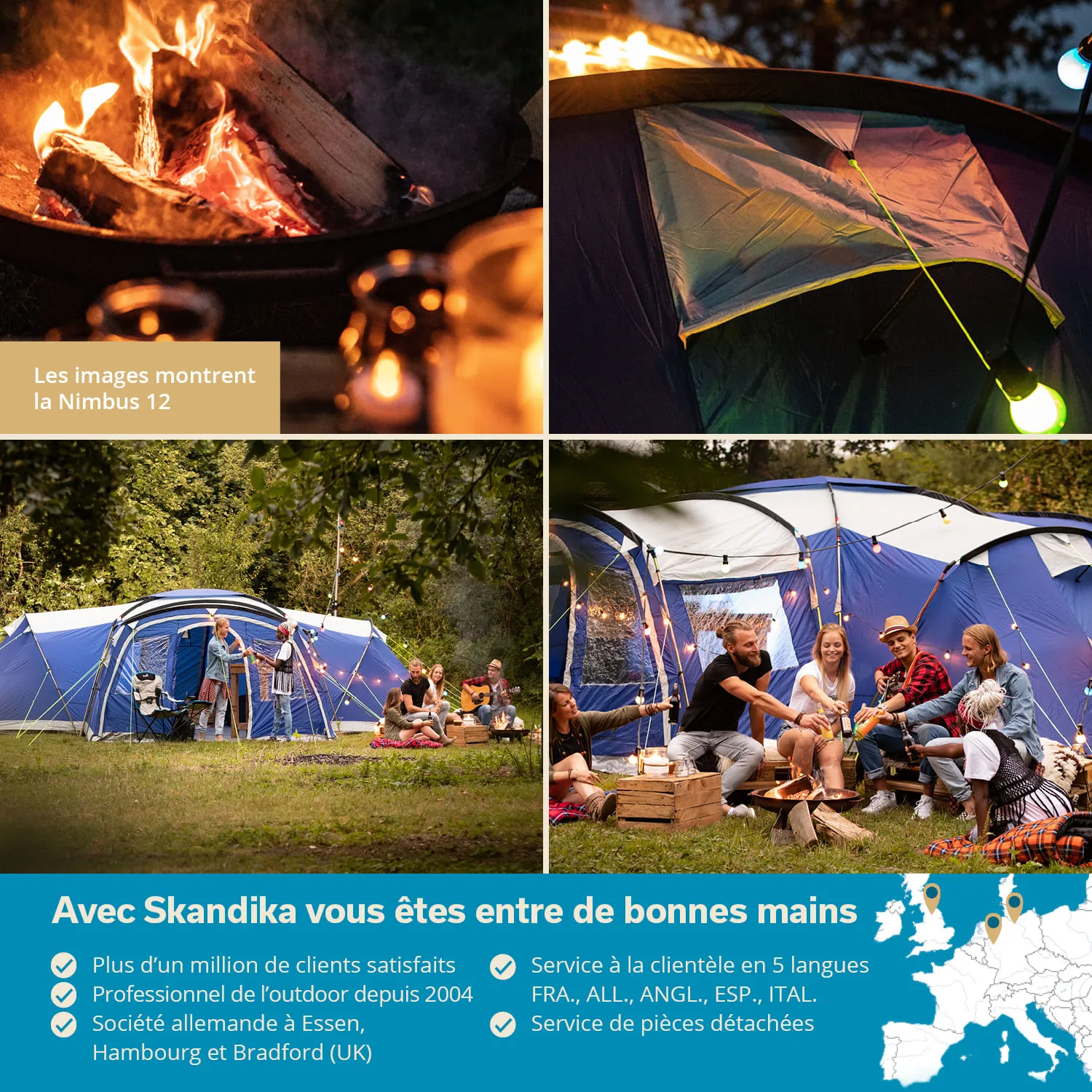 Ein Lagerfeuer mit Holzscheiten, ein Zelt mit Lichtern, eine Gruppe von Menschen am Abend im Freien, die gemeinsam sitzen.