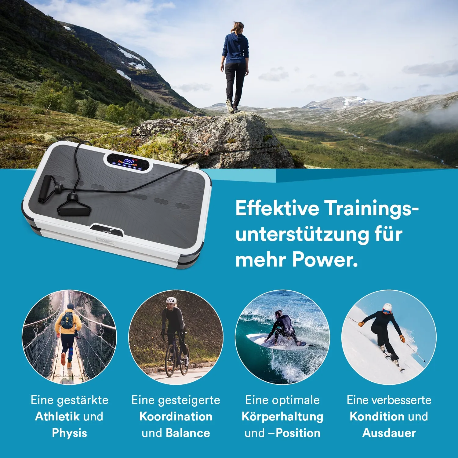 Ein Vibrationsgerät liegt auf dem Boden vor einer Berglandschaft. Im Hintergrund steht eine Person auf einem Felsen. Text beschreibt Trainingsvorteile.