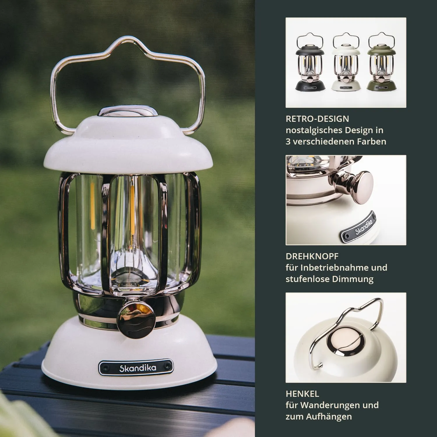 Eine vintage-farben Ker lantern, mit einem Glaszylinder und metallenen Elementen. Auf einem Tisch im Freien platziert.