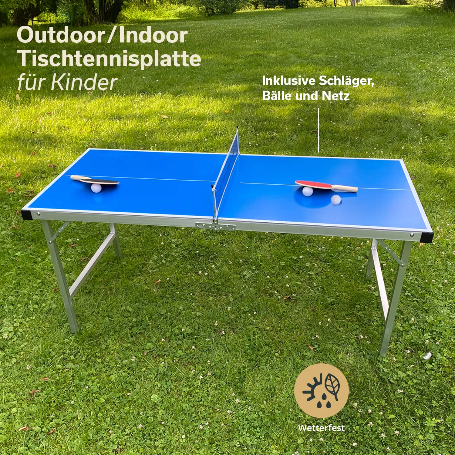 Blaue Tischtennisplatte im Freien, ausgestattet mit Schläger, Bällen und Netz, auf grünem Gras.