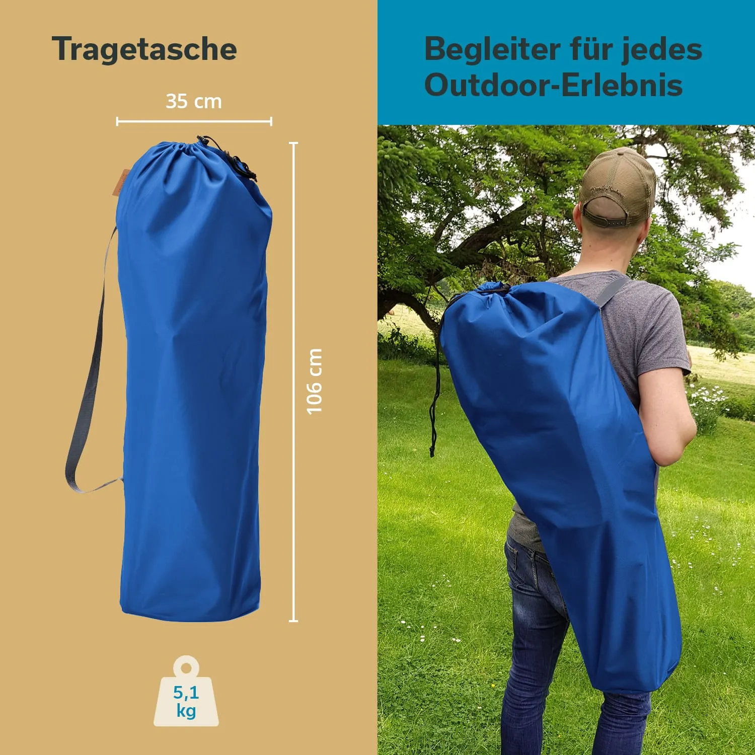 Blaue Tragetasche mit Maßen 35 cm x 106 cm, getragen von einer Person im Freien, grüne Wiese im Hintergrund.