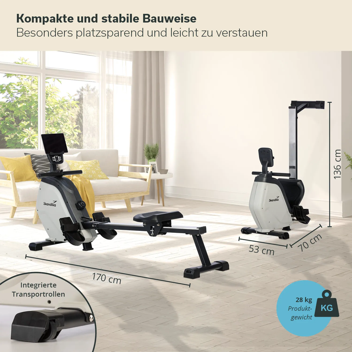 Rudergerät in einem hellen Raum mit einem Sofa, großen Fenstern und Pflanzen. Maße und Produktgewicht sind dargestellt.