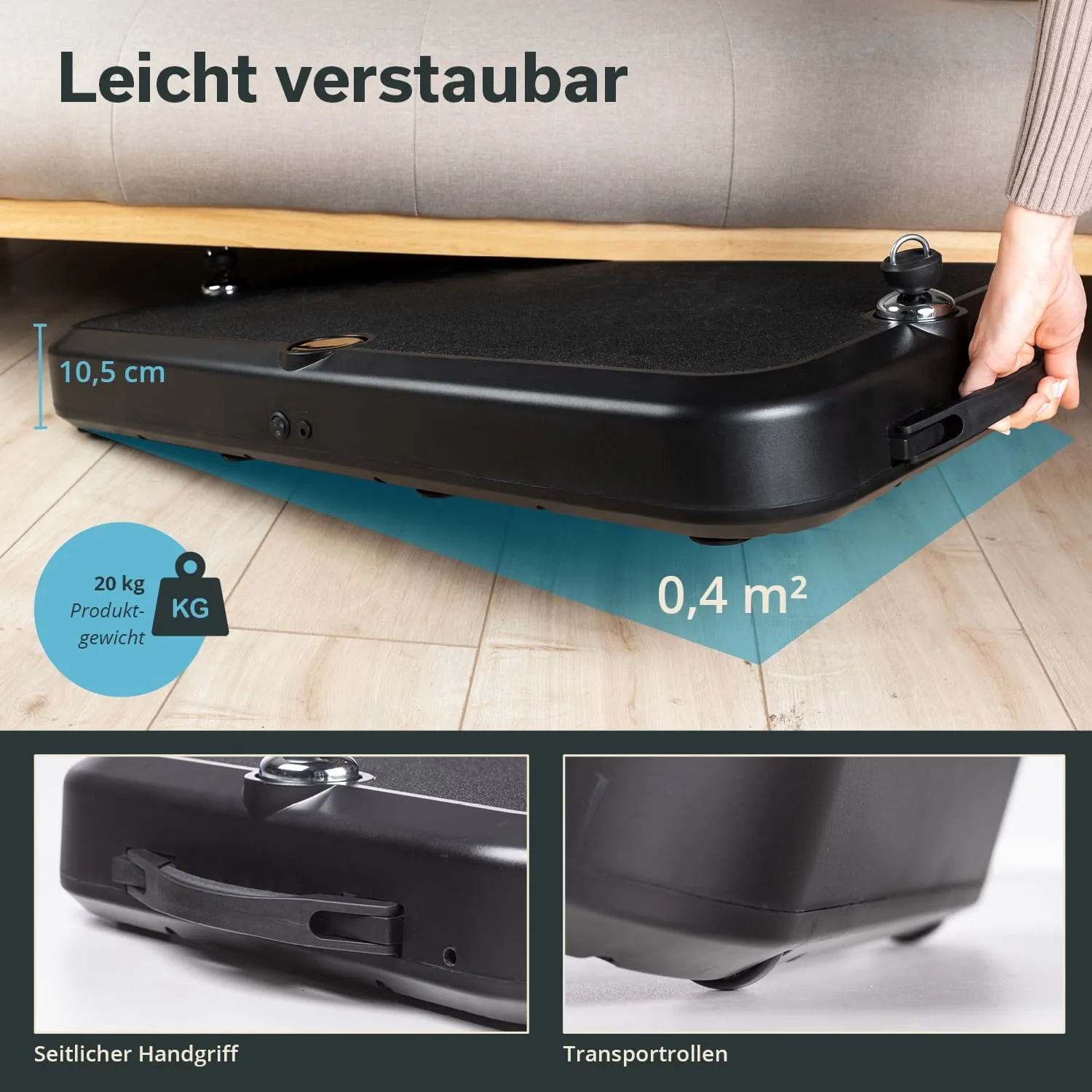 Schwarze, flache Ablage mit seitlichem Handgriff und Transportrollen, unter einer Couch platziert. Maße und Gewicht angegeben.