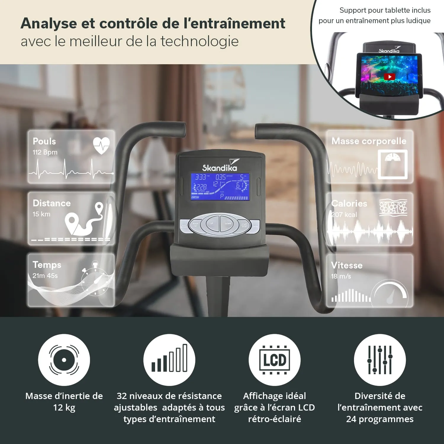 Das Bild zeigt ein Trainingsgerät von Skandika mit einem LCD-Display. Das Display zeigt Puls, Distanz, Zeit, Kalorien und Geschwindigkeit an. Es gibt auch Illustrationen zu Widerstandsstufen und Trainingsprogrammen.