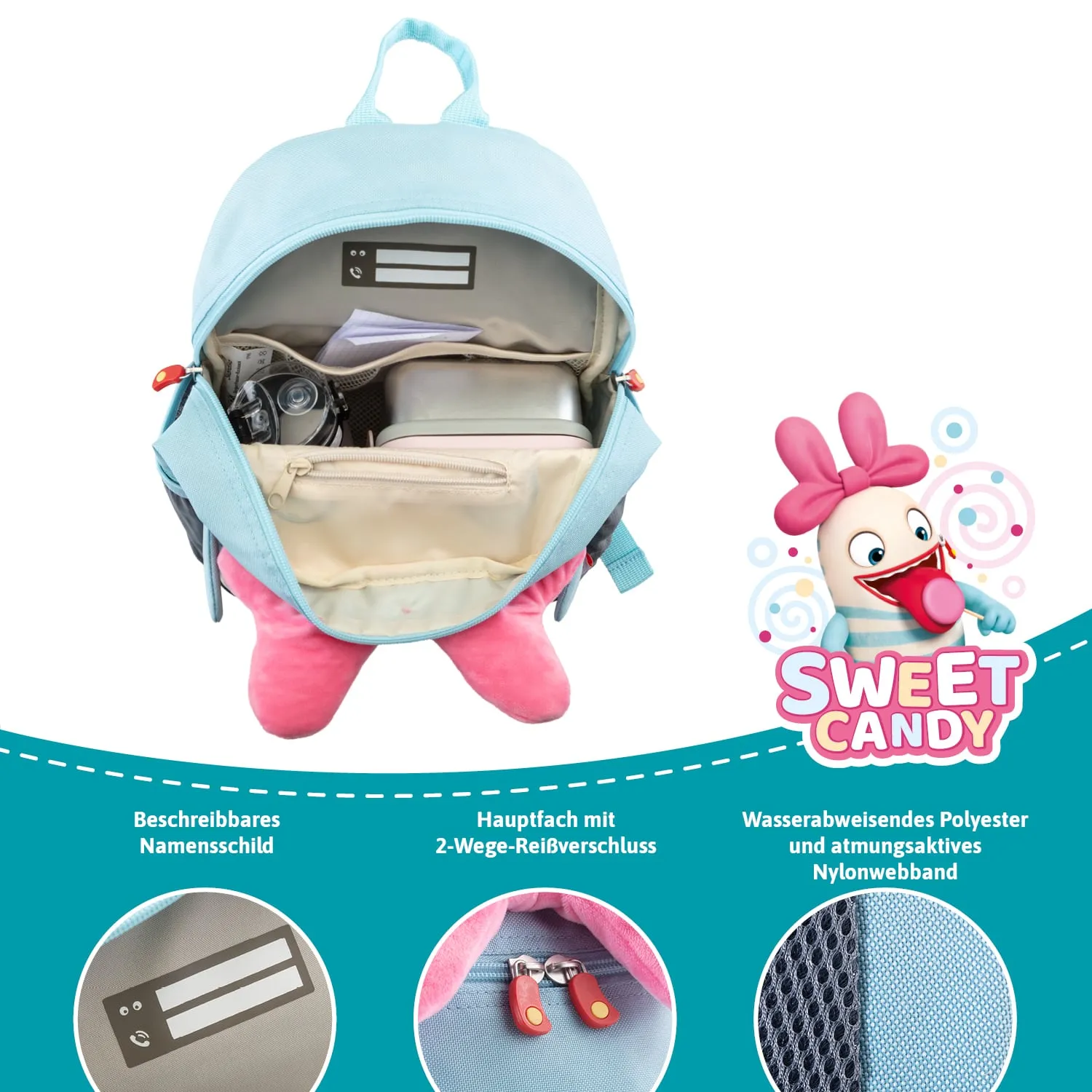 Blick ins Innere eines blauen Rucksacks mit pinken Elementen. Er enthält eine Kamera, eine Dose, sowie weitere Fächer und ein Namensschild.