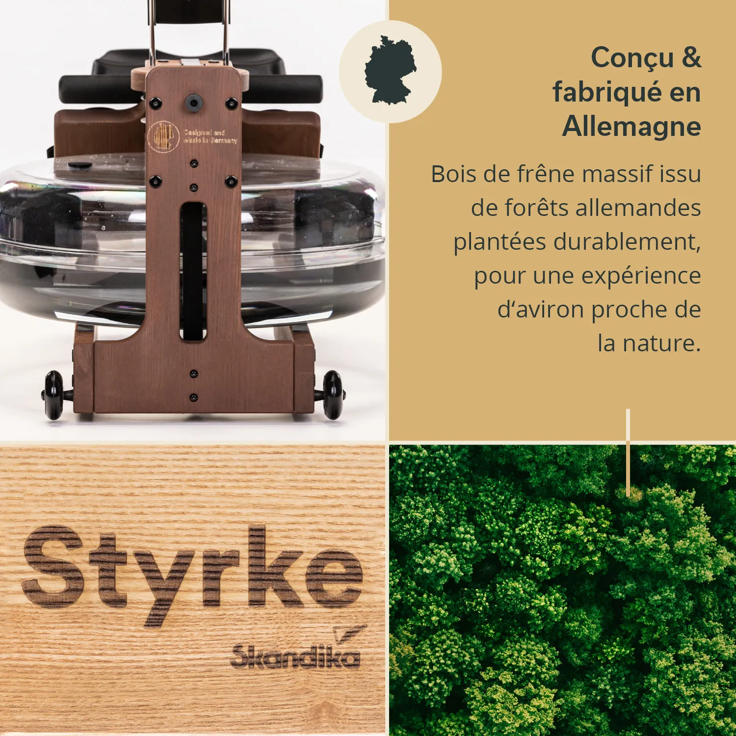 Holzgerät in Braun mit transparentem Wassertank, beschriftet mit "Styrke", umgeben von Pflanzenbildern.
