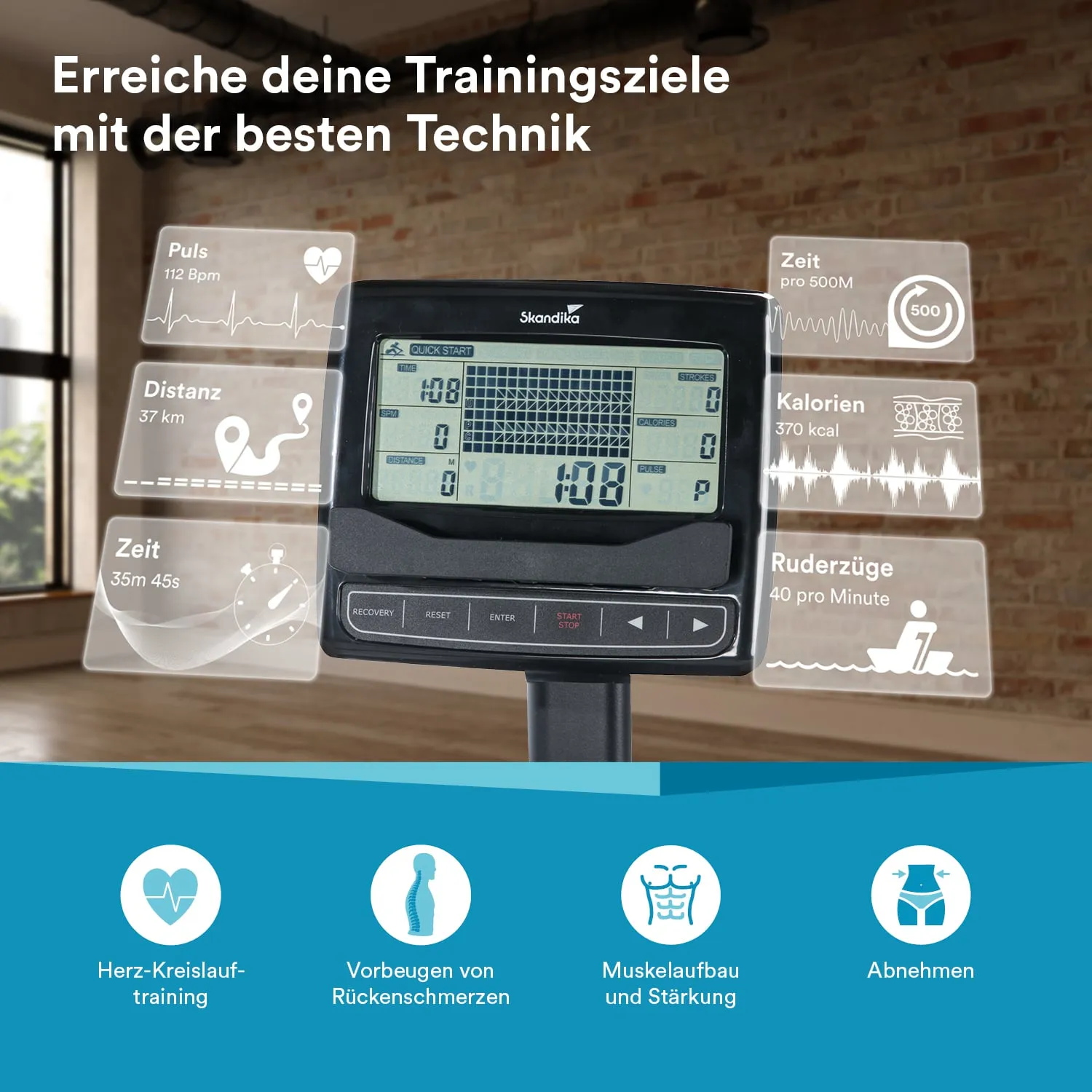 Ein Rudergerät mit Display, das Puls, Distanz, Zeit, Kalorien und Ruderzüge anzeigt. Holzähnlicher Boden und Fenster im Hintergrund.