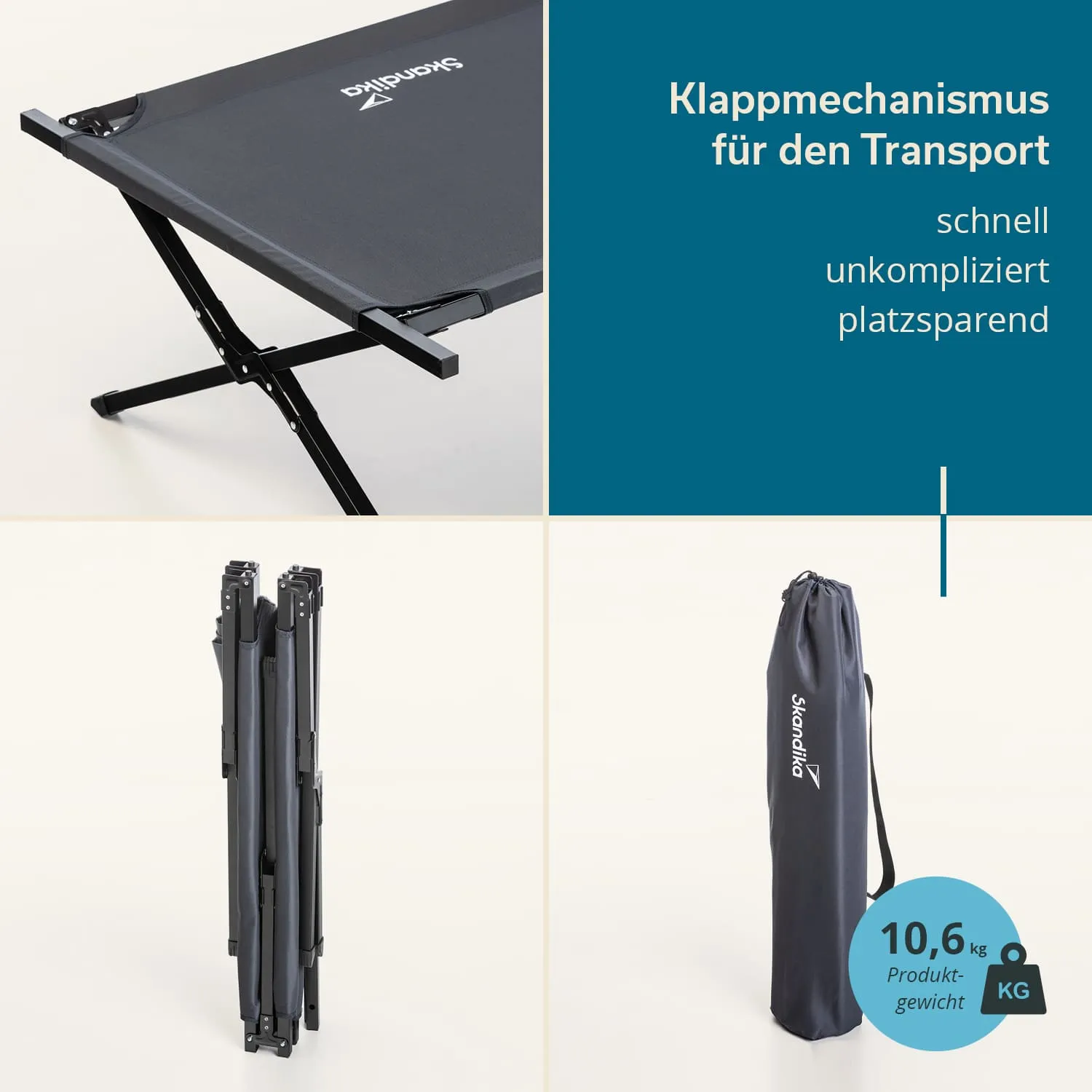Klappbett in Schwarz mit stabiler Stützstruktur, zusammengeklappt und in einer Tragetasche gezeigt, Gewicht 10,6 kg.