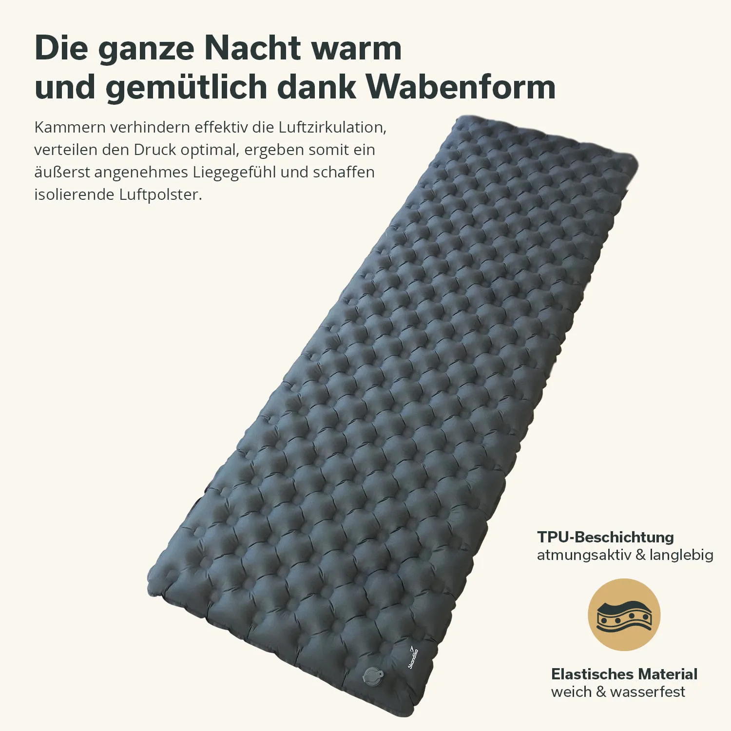 Liegematte mit Wabenstruktur in Grautönen auf hellem Hintergrund. Textinformationen zu Eigenschaften und Materialien.