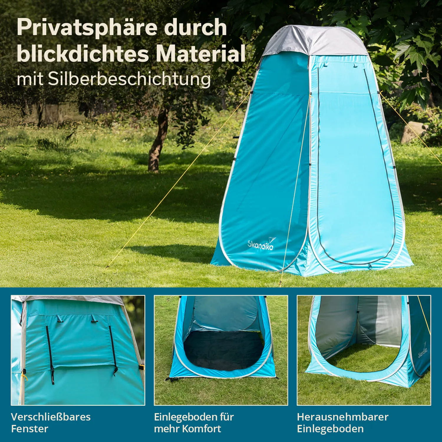 Ein blaues Campingzelt mit silberner Beschichtung steht auf einer grünen Wiese. Darunter sind drei Detailbilder.