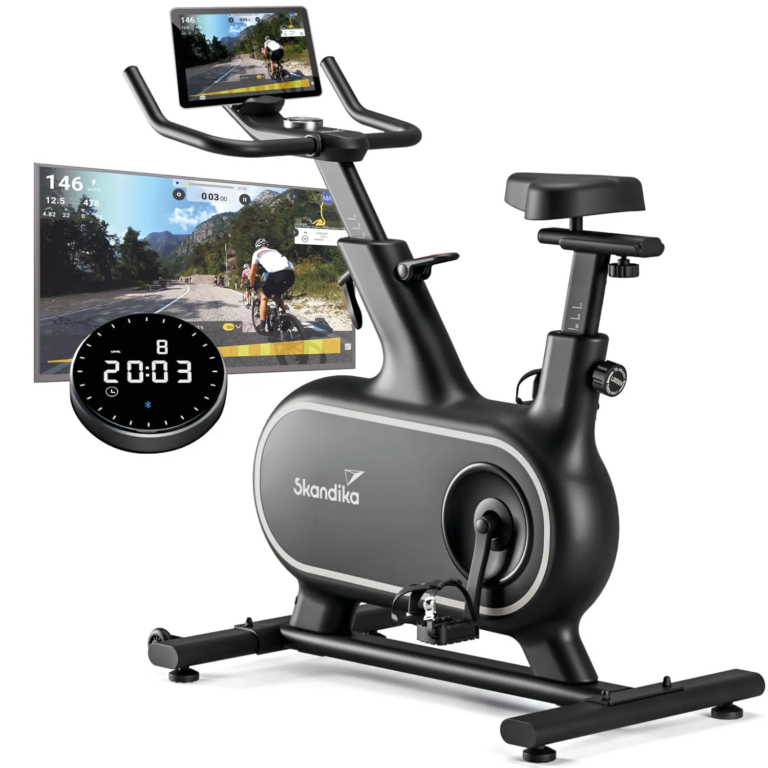 Fitnessbike in Schwarz mit Bildschirm für virtuelle Radtouren und digitalem Display für Trainingsdaten.