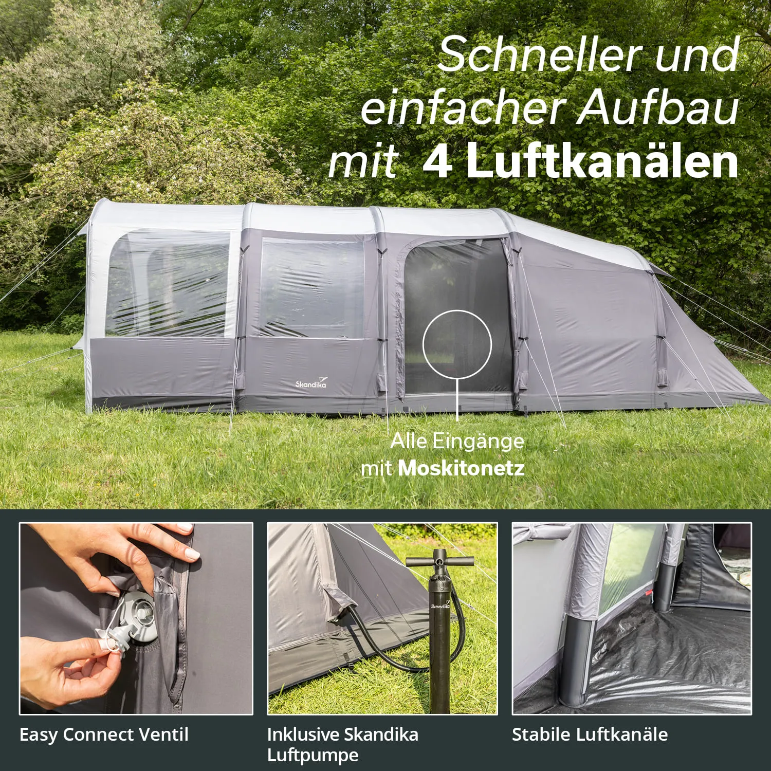 Zelt in Grautönen auf einer Wiese, umgeben von Bäumen. Elemente: Eingänge mit Moskitonetz, Luftkanäle, Pumpe.