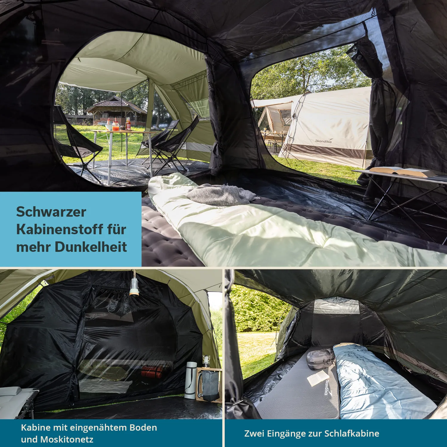 Zeltinnenraum mit schwarzem Kabinenstoff, zwei Eingängen, zwei Klappstühlen, einem Schlafsack und einem Bord.