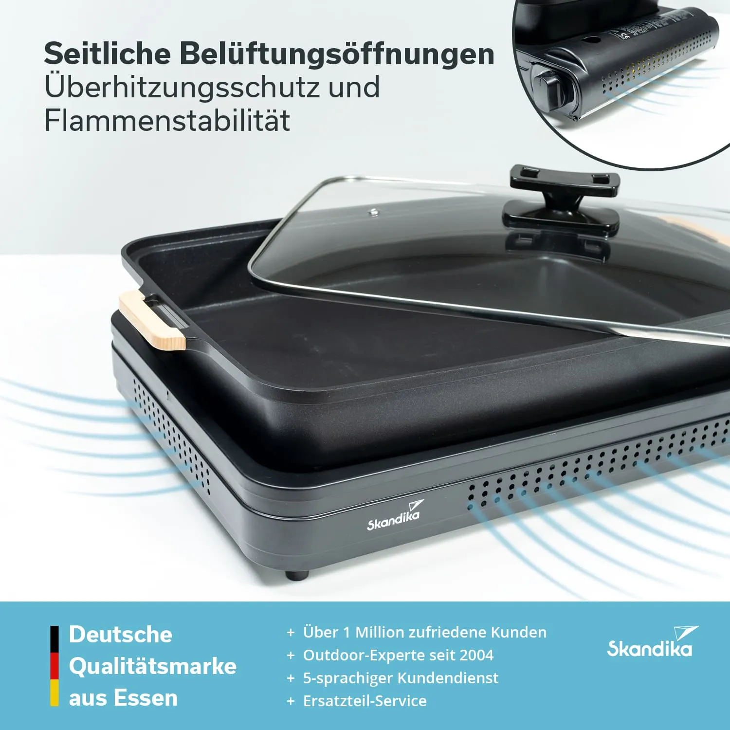 Grillplatte mit Glasdeckel und seitlichen Belüftungsöffnungen. Produktdetails und Markeninformationen sind sichtbar.