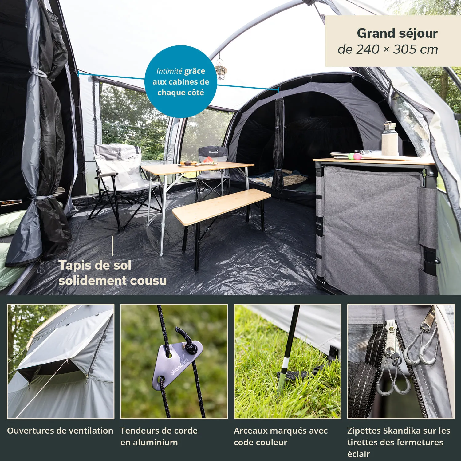 Zeltinnensicht mit einem Tisch, einer Bank und Campingstühlen. Sichtbare Zubehörteile und Strukturmerkmale.