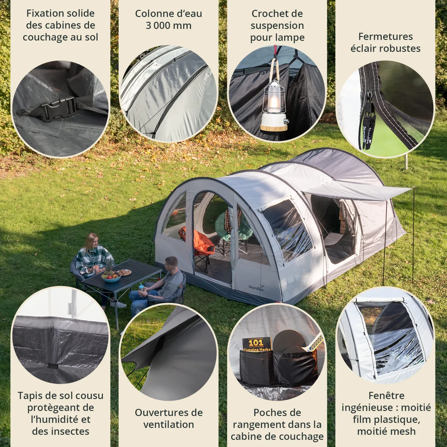 Zelt mit großen Fenstern und Eingängen, Personen sitzen an einem Tisch, umgeben von Gras und Bäumen. Grafikdetails beschrieben.