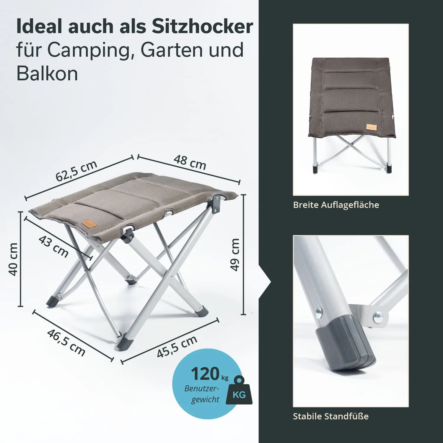 Sitzhocker mit grauer Polsterauflage und silbernem Gestell. Maße und Benutzergewicht von 120 kg angegeben.