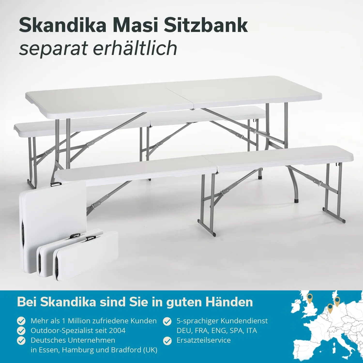 Weiße Klapptischbank und zwei Klapptische mit silbernen Gestellen. Texte zu Produktinformationen und Kundenservice in einem bunten Bereich.