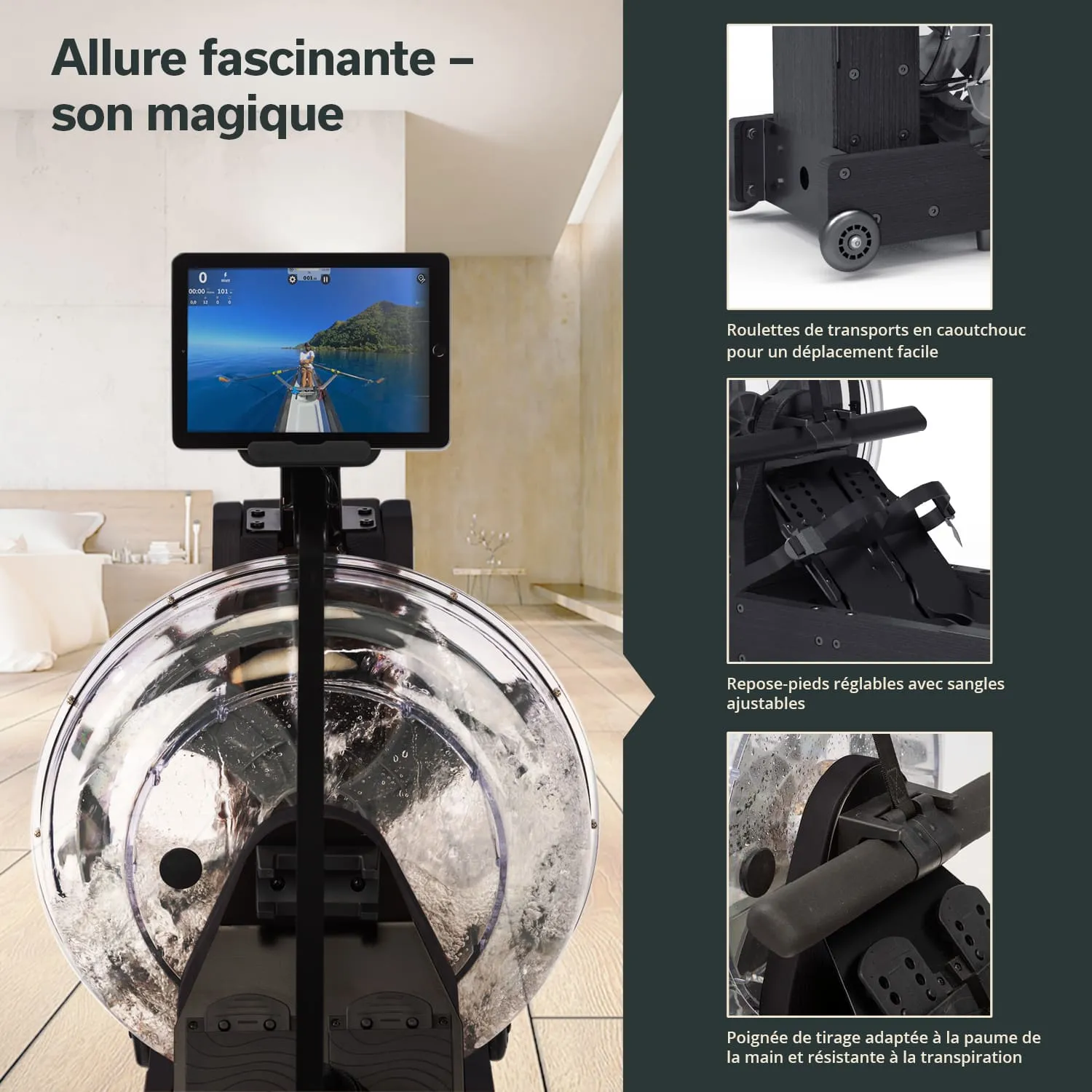 Rudergerät mit transparentem Wassertank, einem Display oben, verstellbaren Fußstützen und einem stabilen Gestell.