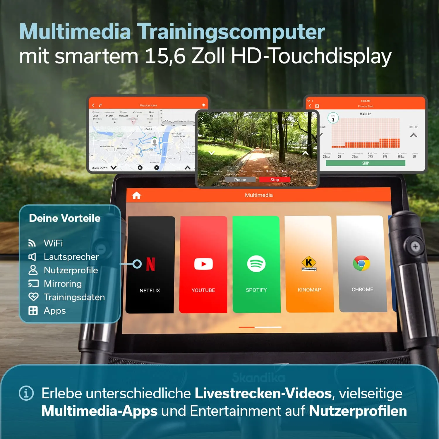 Multimedia Trainingscomputer mit 15,6 Zoll HD-Touchdisplay, Apps und Nutzerprofilen, WLAN-Symbol, Lautsprecher-Icons.