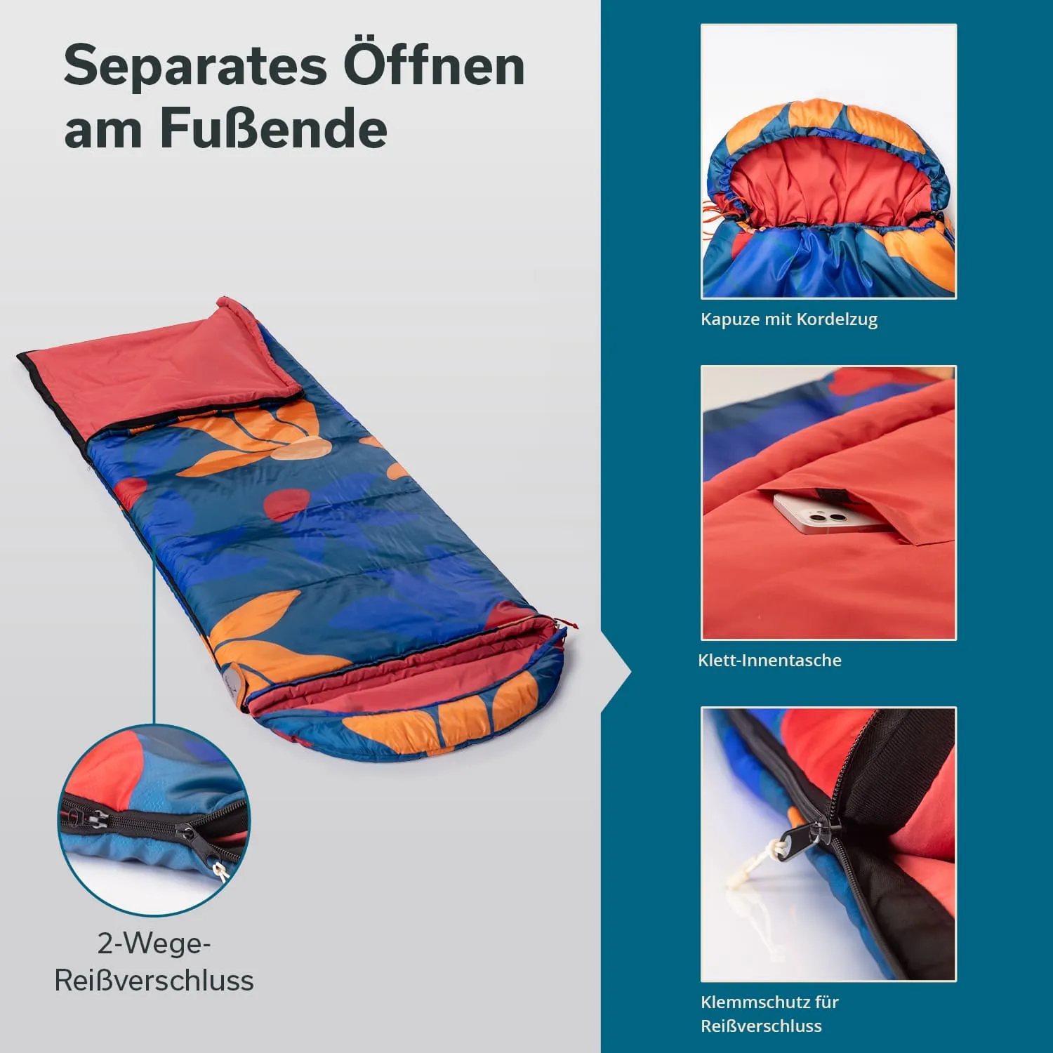 Schlafsack mit buntem Muster, offener Kapuze und Kordelzug. Abgebildet sind Details wie Reißverschluss und Innentasche.