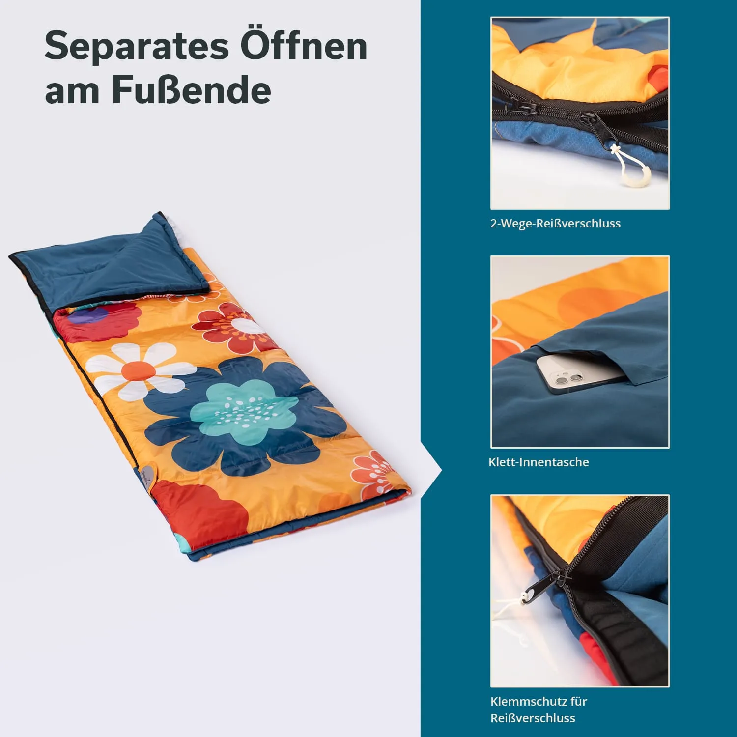 Schlafsack mit buntem Blumenmuster und blauem Kopfteil. Seitenansicht mit Reißverschluss und Innentasche.