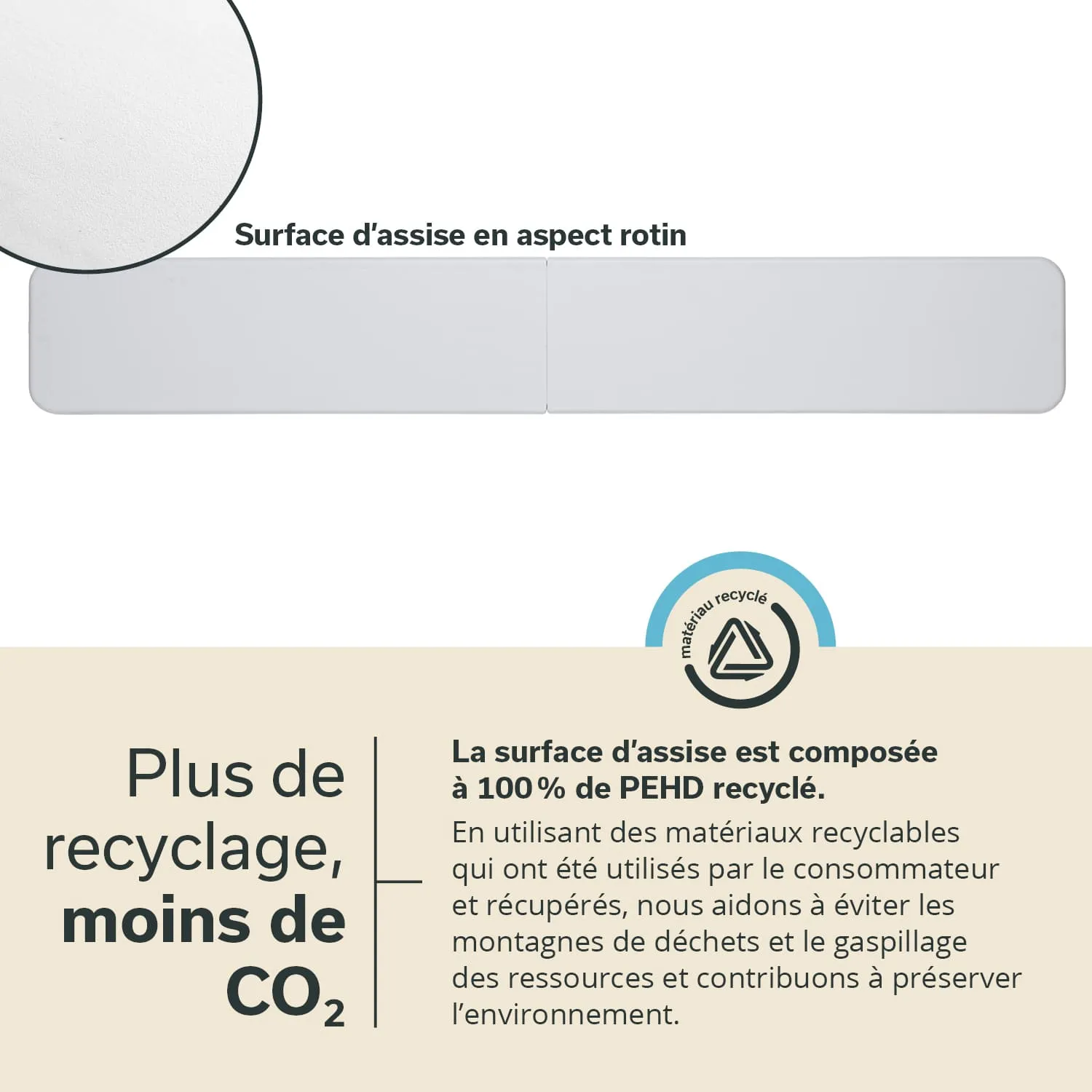 Graue Oberfläche in rechteckiger Form mit abgerundeten Ecken, umgeben von Informationen über Recycling und Umweltfreundlichkeit.