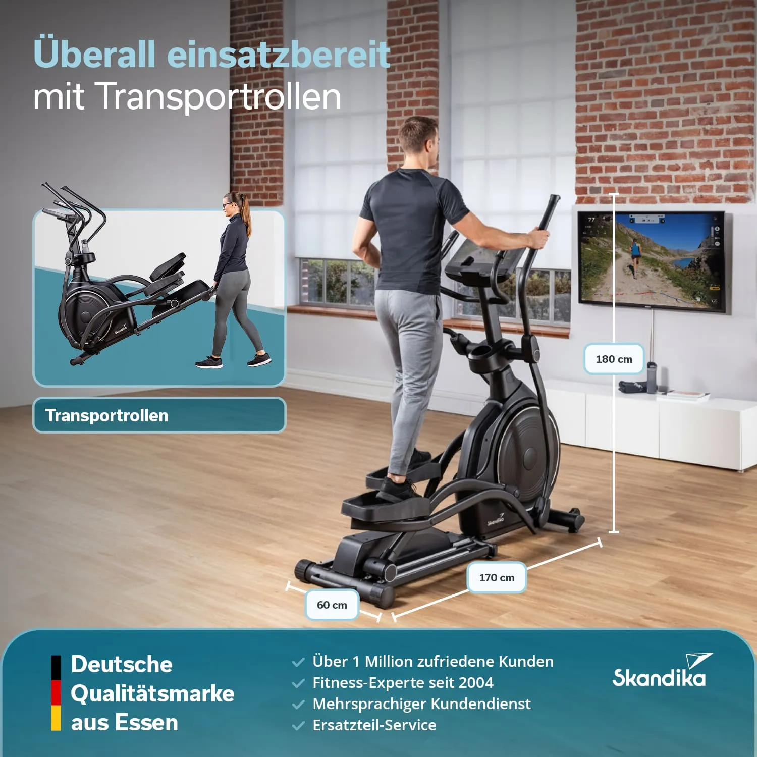 Detailreiche Darstellung eines Crosstrainers in einem Raum mit Holzfußboden. Eine Person steht auf dem Gerät. Im Hintergrund ein Fernseher.