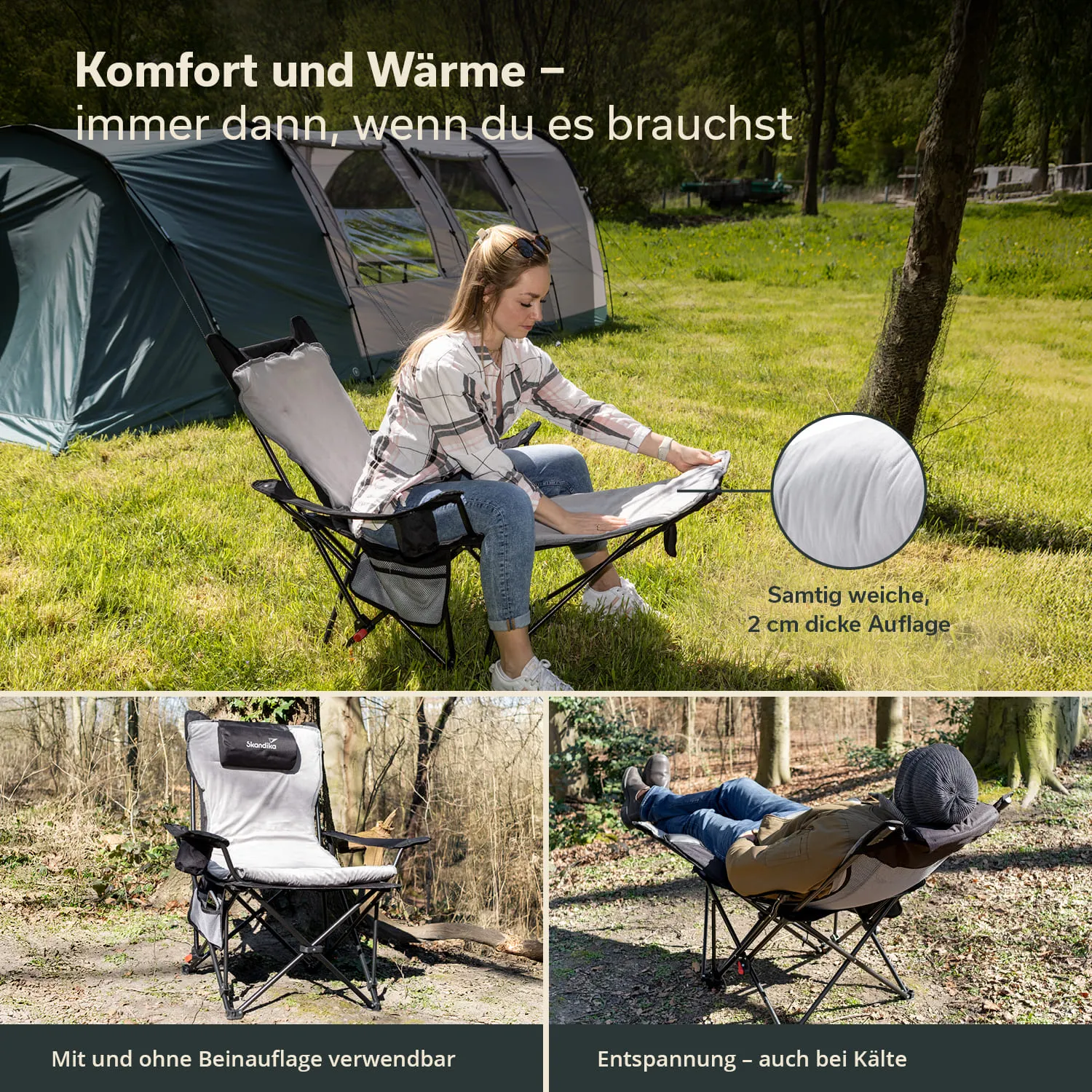 Campingsessel auf Rasen mit einer sitzenden Person, im Hintergrund ein Zelt. Details zu Stuhl und Nutzung.