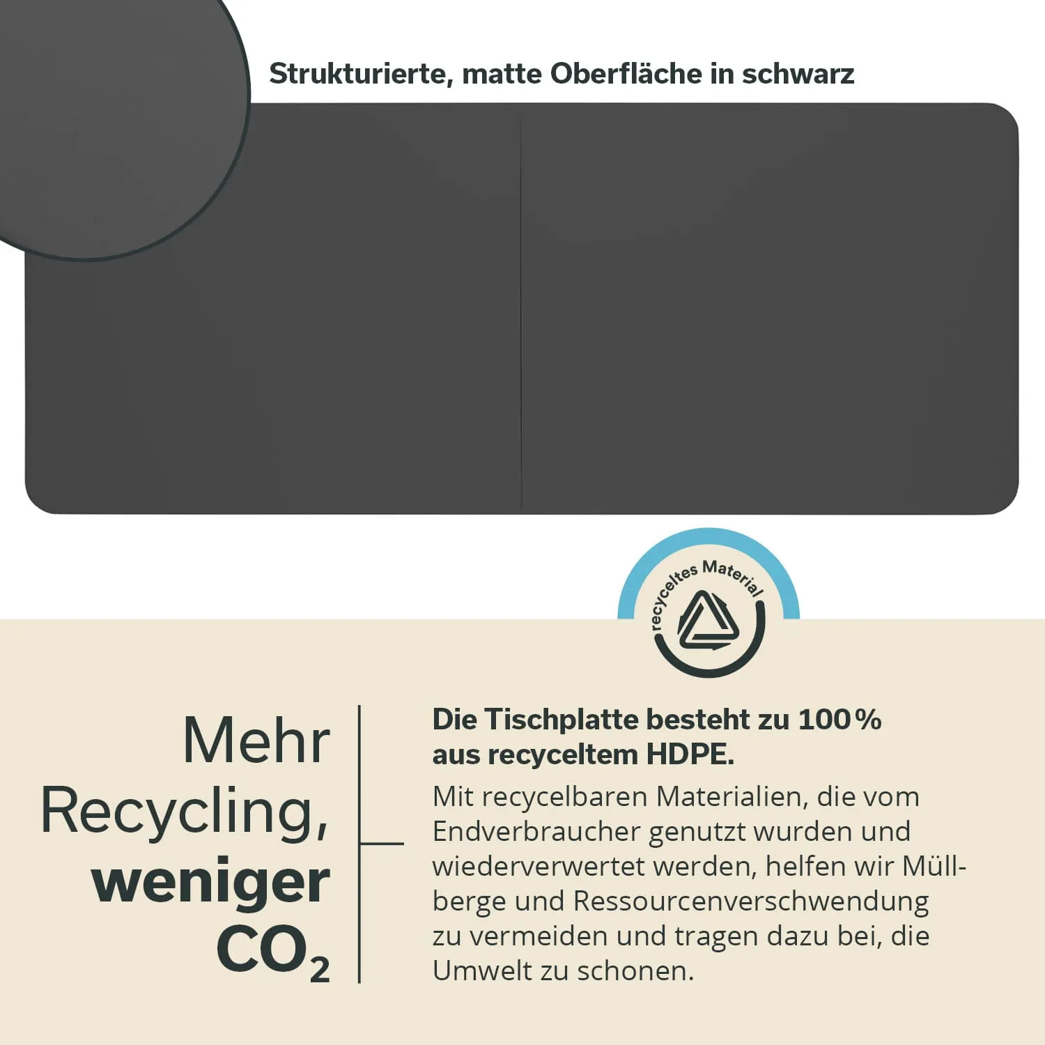Schwarze Tischplatte mit strukturierter, matter Oberfläche, darunter Text über Recycling und Umweltschutz.