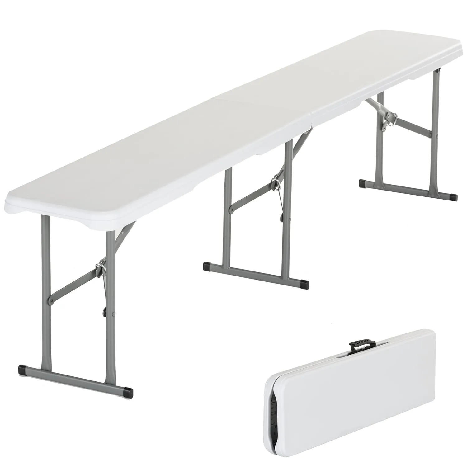 Weißer Klapptisch mit klappbaren Metallbeinen, daneben eine zusammengeklappte Version des Tisches.