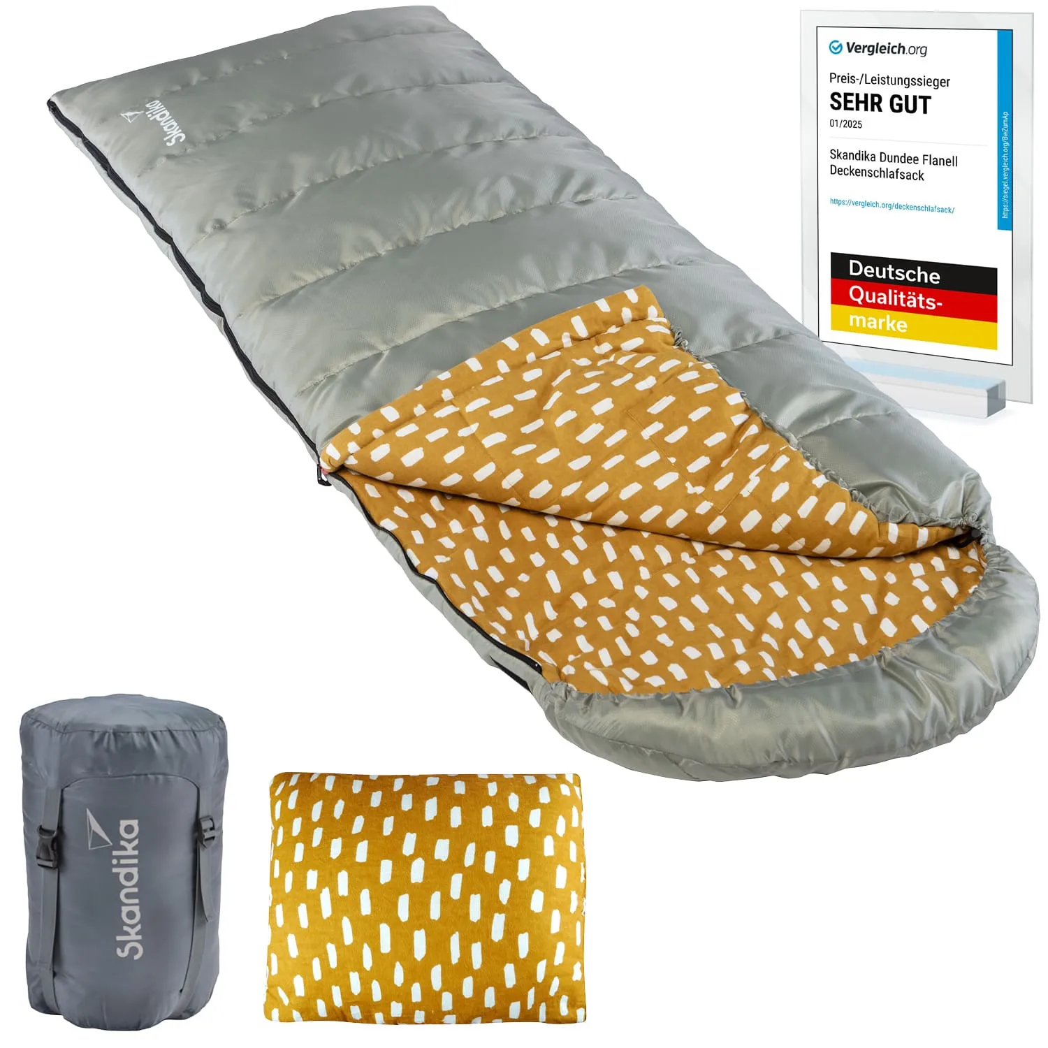 Decken Schlafsack in Grau mit gelbem Innenfutter und Muster, zusammen mit einer grauen Tragetasche und einem Kissen.