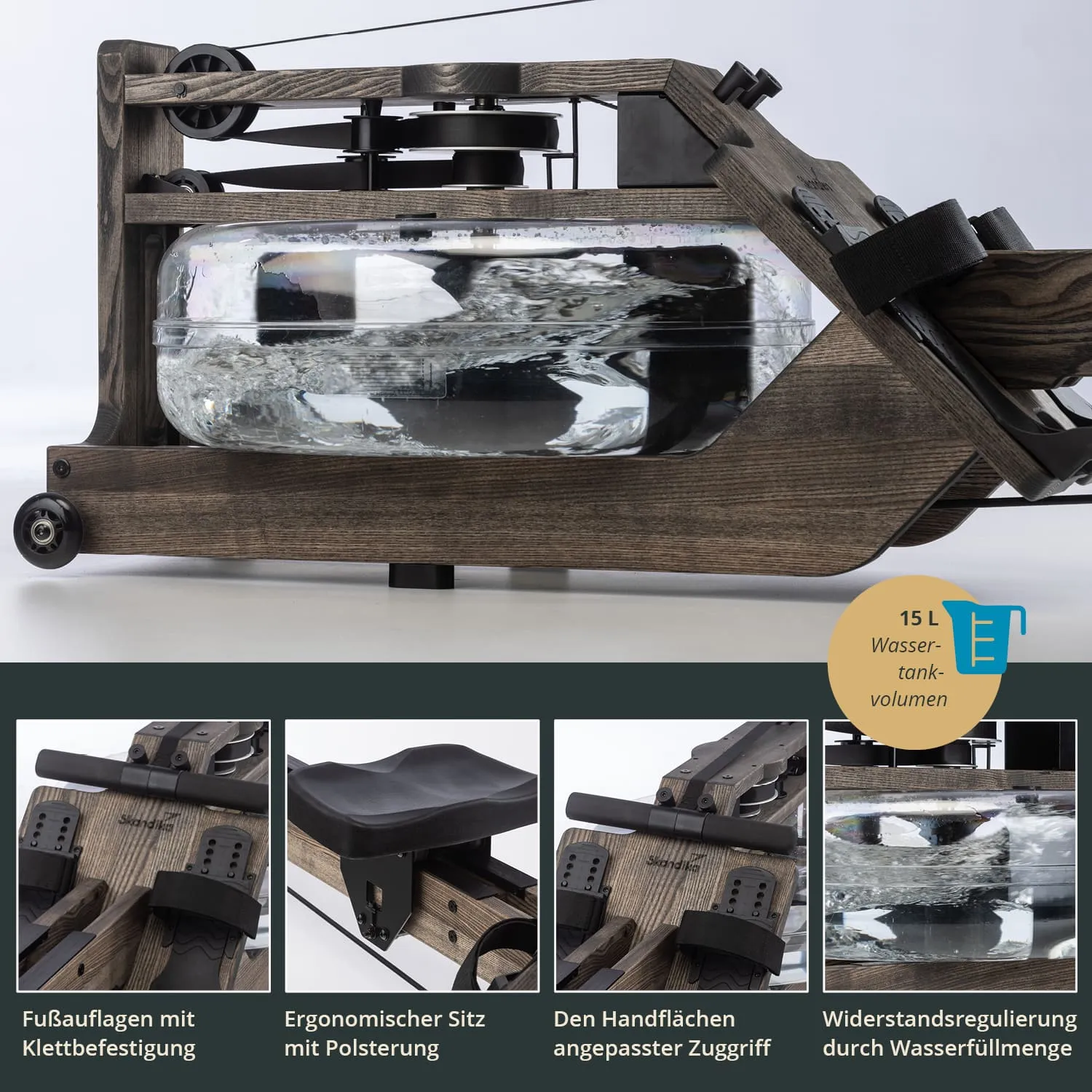 Rudergerät mit Holzrahmen, Wassertank und ergonomischem Sitz sowie Fußauflagen. Wasser sichtbar im Tank.