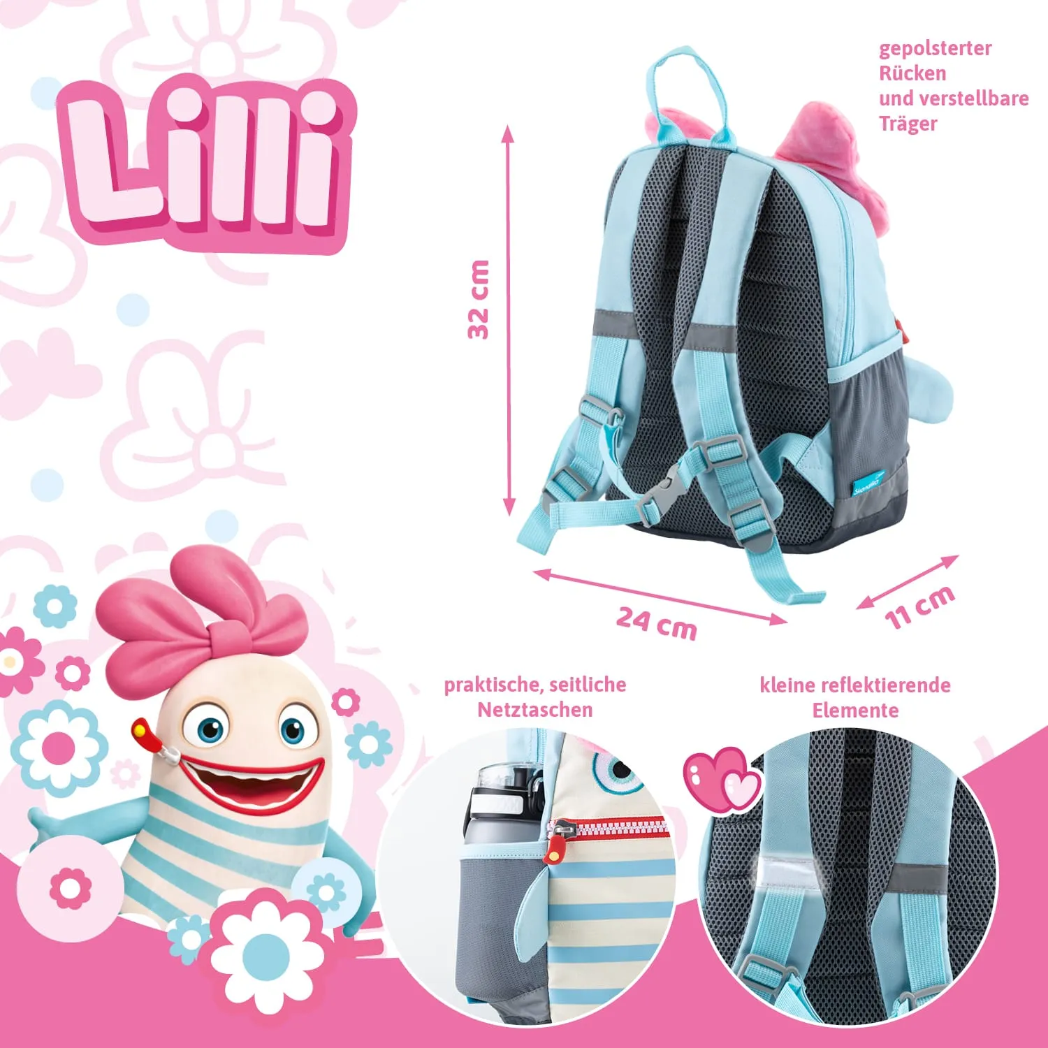 Rucksack in hellblau mit gepolstertem Rücken und verstellbaren Trägern. Der Rucksack hat seitliche Netztaschen und reflektierende Elemente. Ein maskottchenartiges Design mit Aufschrift „Lilli“ und einer Figur mit rosa Schleife ist ebenfalls abgebildet.