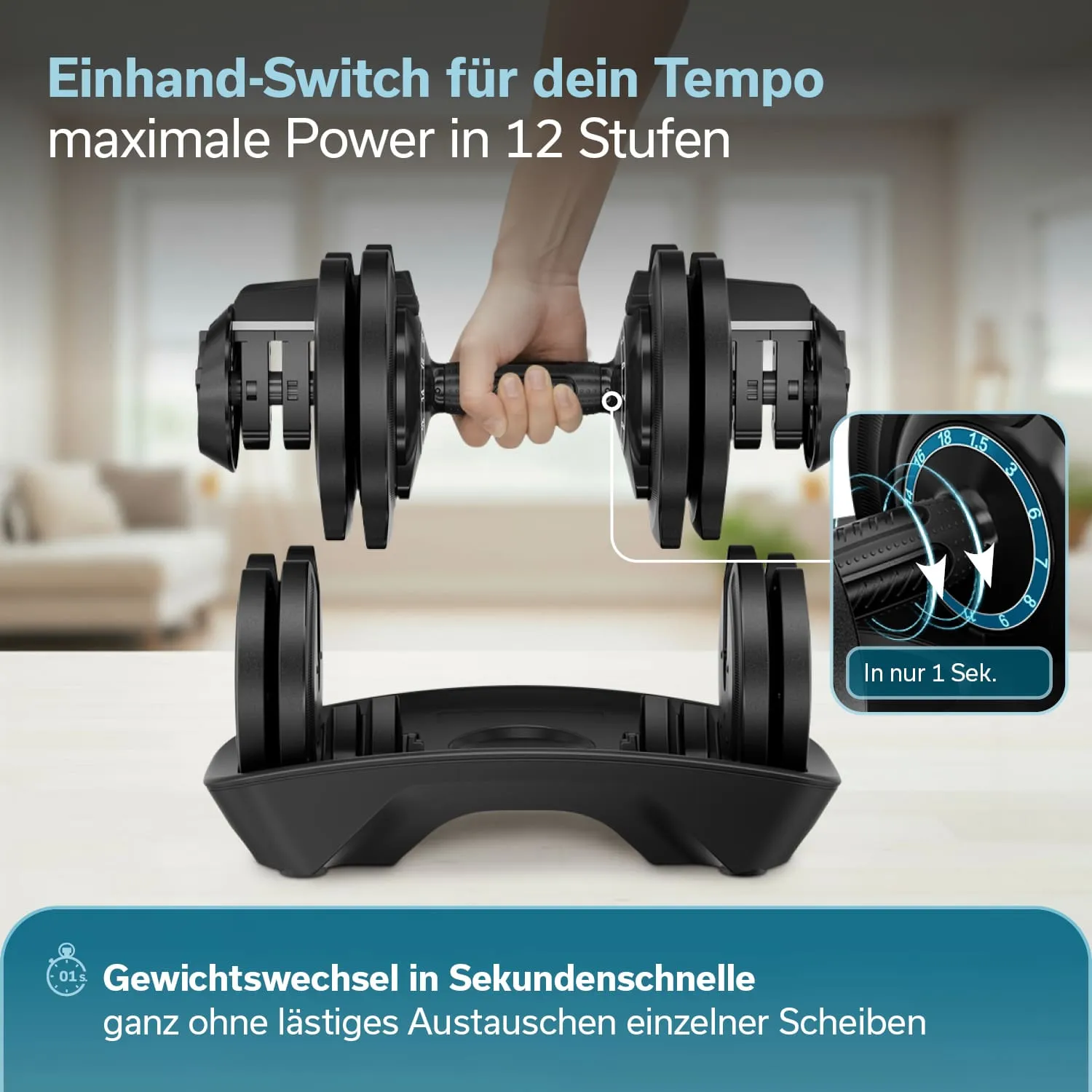 Verstellbare Hantel mit einem Handgriff, abgestellt auf einer Basis. Im Hintergrund ein heller Raum mit Möbeln.