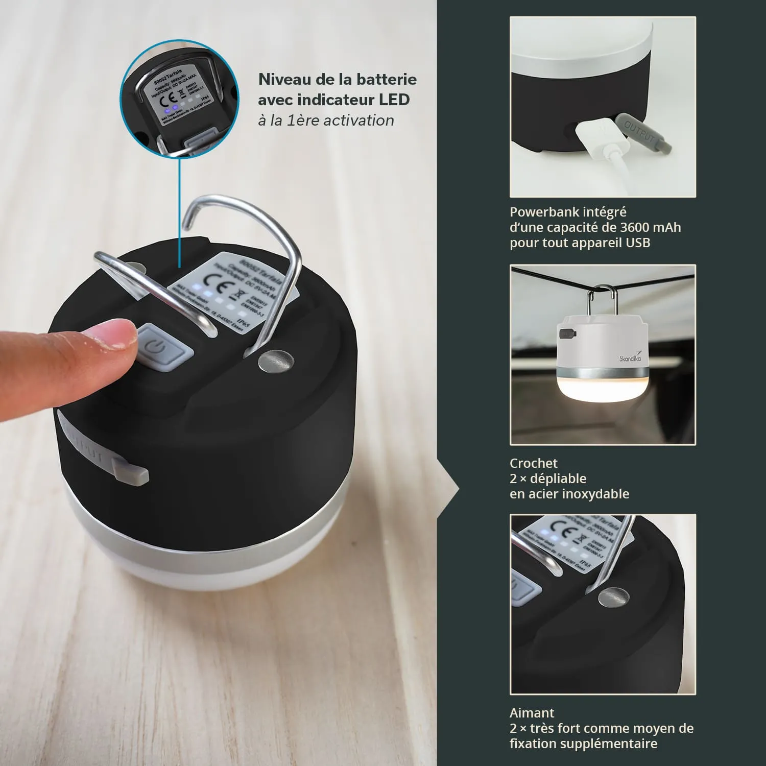 Tragbare LED-Lampe mit integriertem 3600 mAh Powerbank, Aufhängung und Magnet. Zeigt Akku-Status und Bedienelemente.