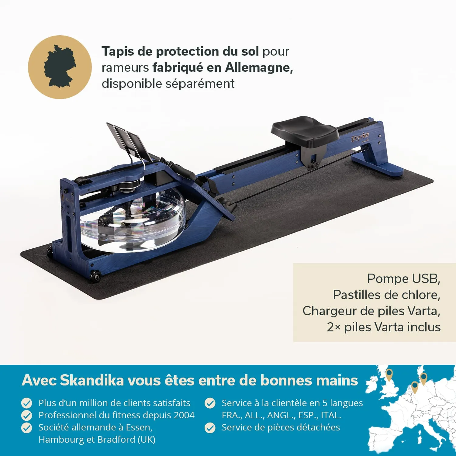Rudergerät auf einem schützenden Unterlage mit Wasserbehälter und zwei Monitoren. Textinformationen über das Produkt im Hintergrund.
