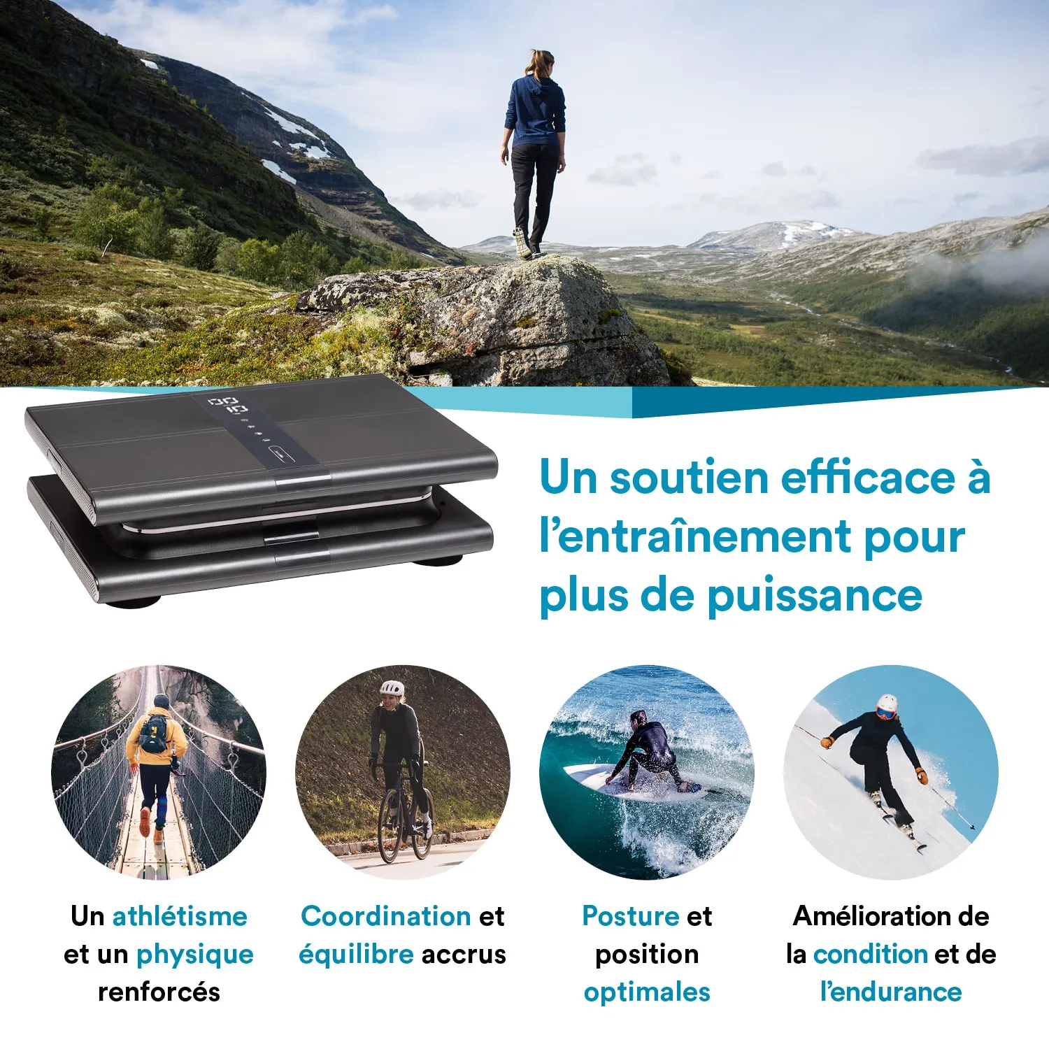 Eine Person steht auf einem Felsen in einer Berglandschaft. Vor ihr liegt ein Fitnessgerät. Darunter sind Symbole, die verschiedene sportliche Aktivitäten und Vorteile zeigen.