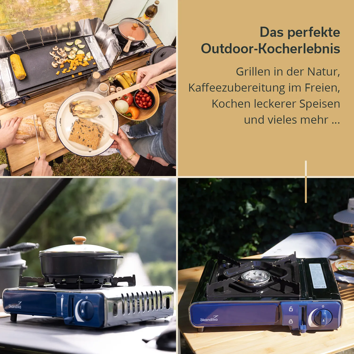 Grill und Kochfeld im Freien, umgeben von Lebensmitteln wie Gemüse, Obst und Brot. Zwei Hände halten Teller und Besteck.
