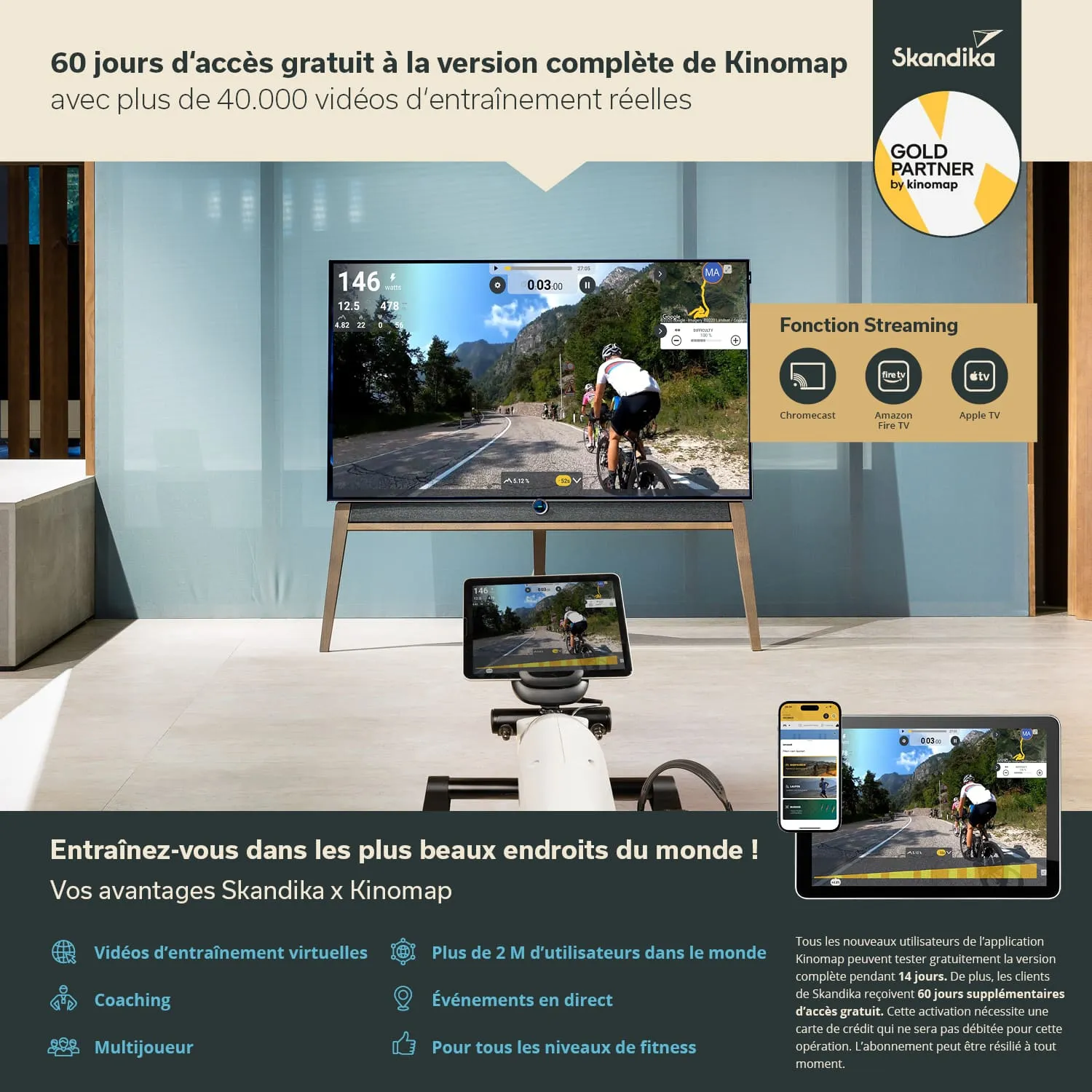 Bild von einem modernen Raum mit einem Fernseher und einem Tablet, die Trainingsvideos anzeigen. Fahrradtrainer im Vordergrund, Details zu Kinomap und Skandika sind sichtbar.