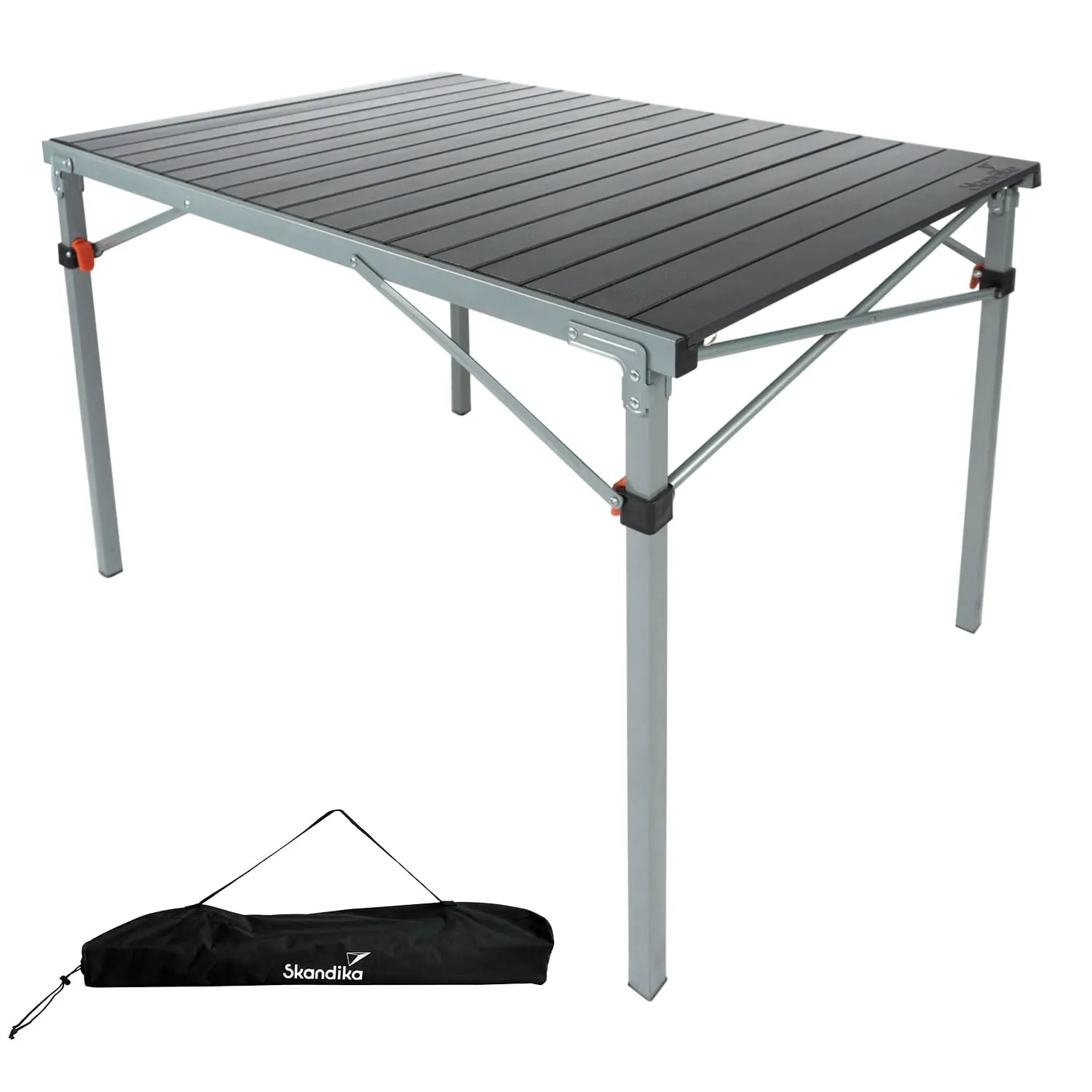 Klappbarer Campingtisch aus grauem Metall mit schwarzer Tischplatte und einem Tragetasche in Schwarz darunter.