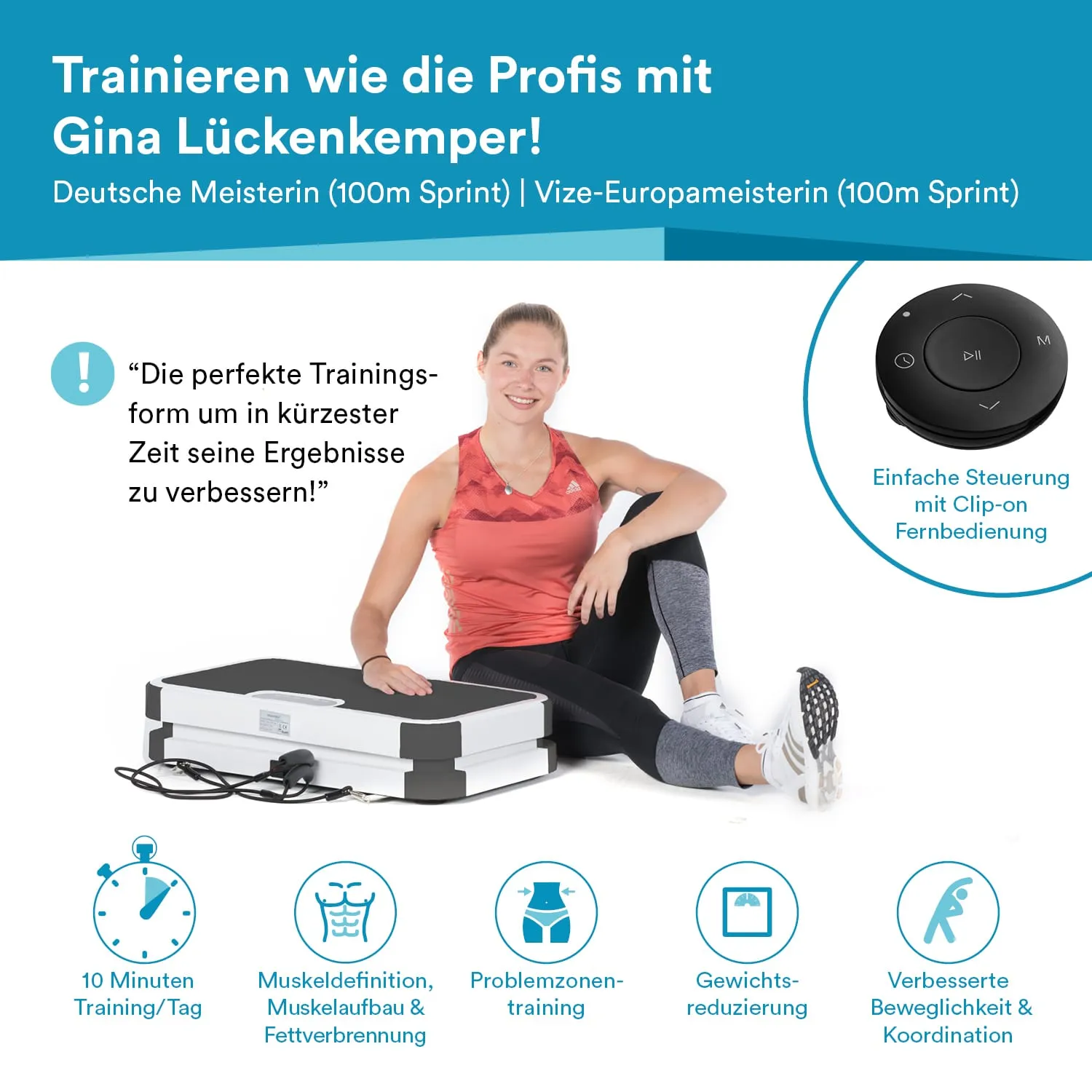 Person sitzt auf einer Trainingsplattform, trägt sportliche Kleidung. Neben ihr befindet sich eine Fernbedienung. Text beschreibt Trainingseffekte.