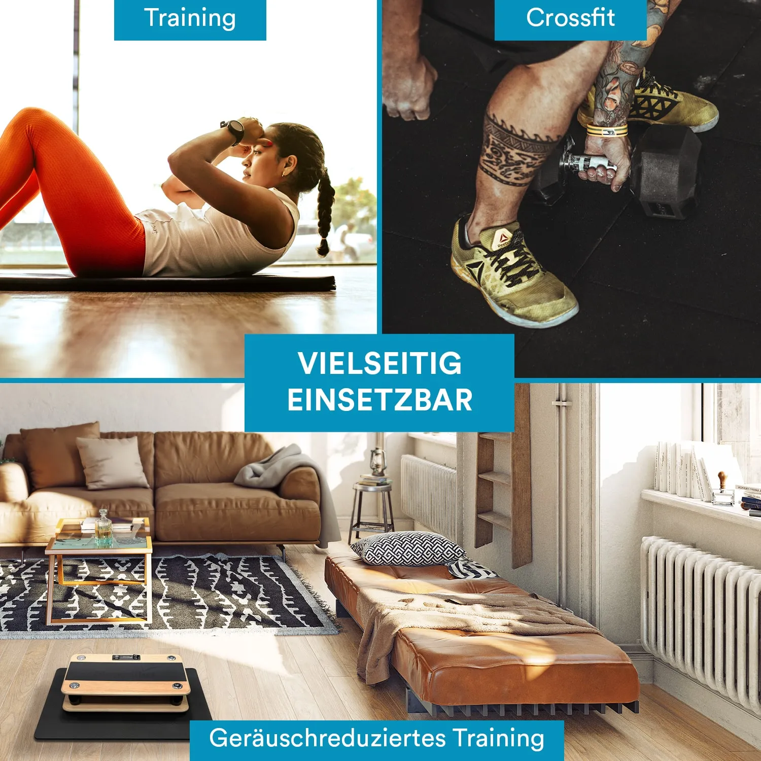 Oben links: Eine Person trainiert auf einer Matte. Oben rechts: Fokussierung auf einen Fuß mit einem Gewicht. Unten links: Ein gemütlicher Raum mit einer Couch und einem Tisch. Unten rechts: Eine Liege mit Kissen und einem Teppich.