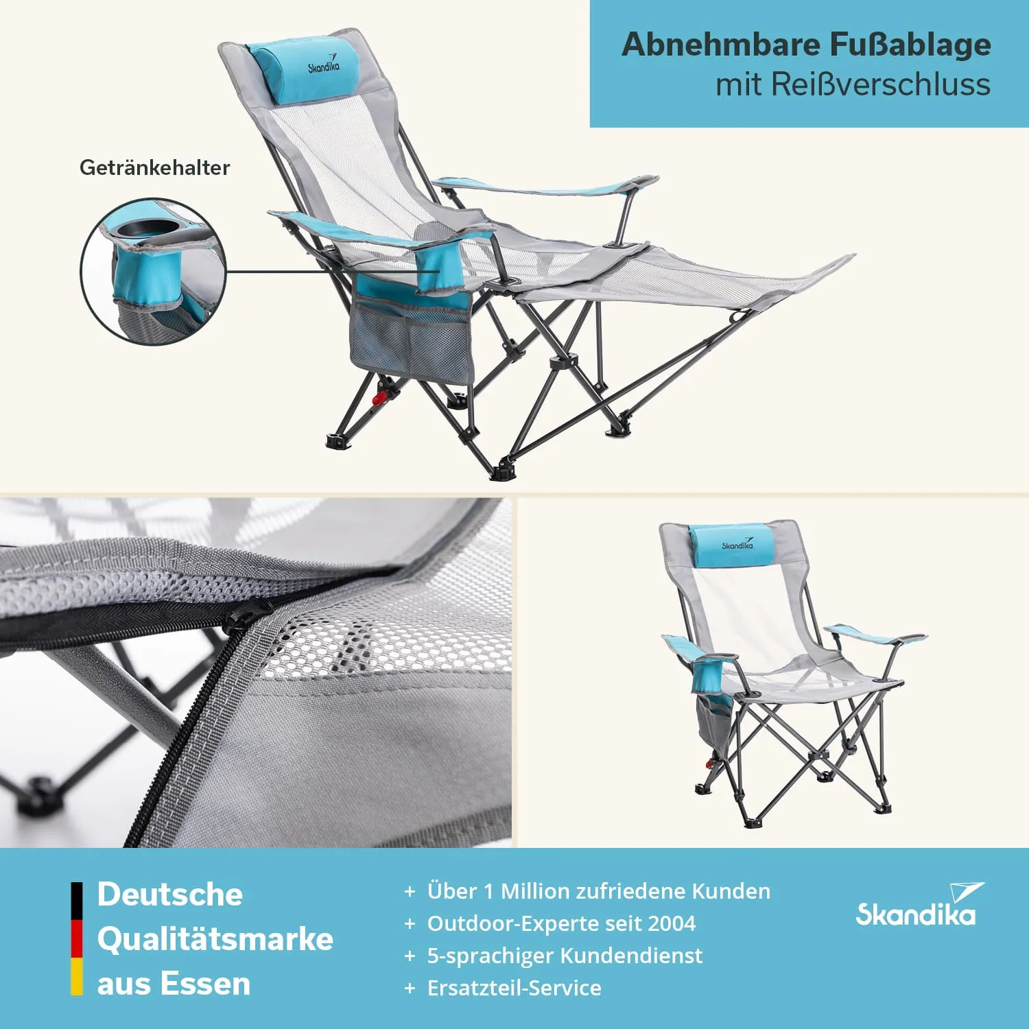 Faltstuhl mit abnehmbarer Fußablage, Getränkehalter und grauem Netzstoff. Markenname Skandika sichtbar.