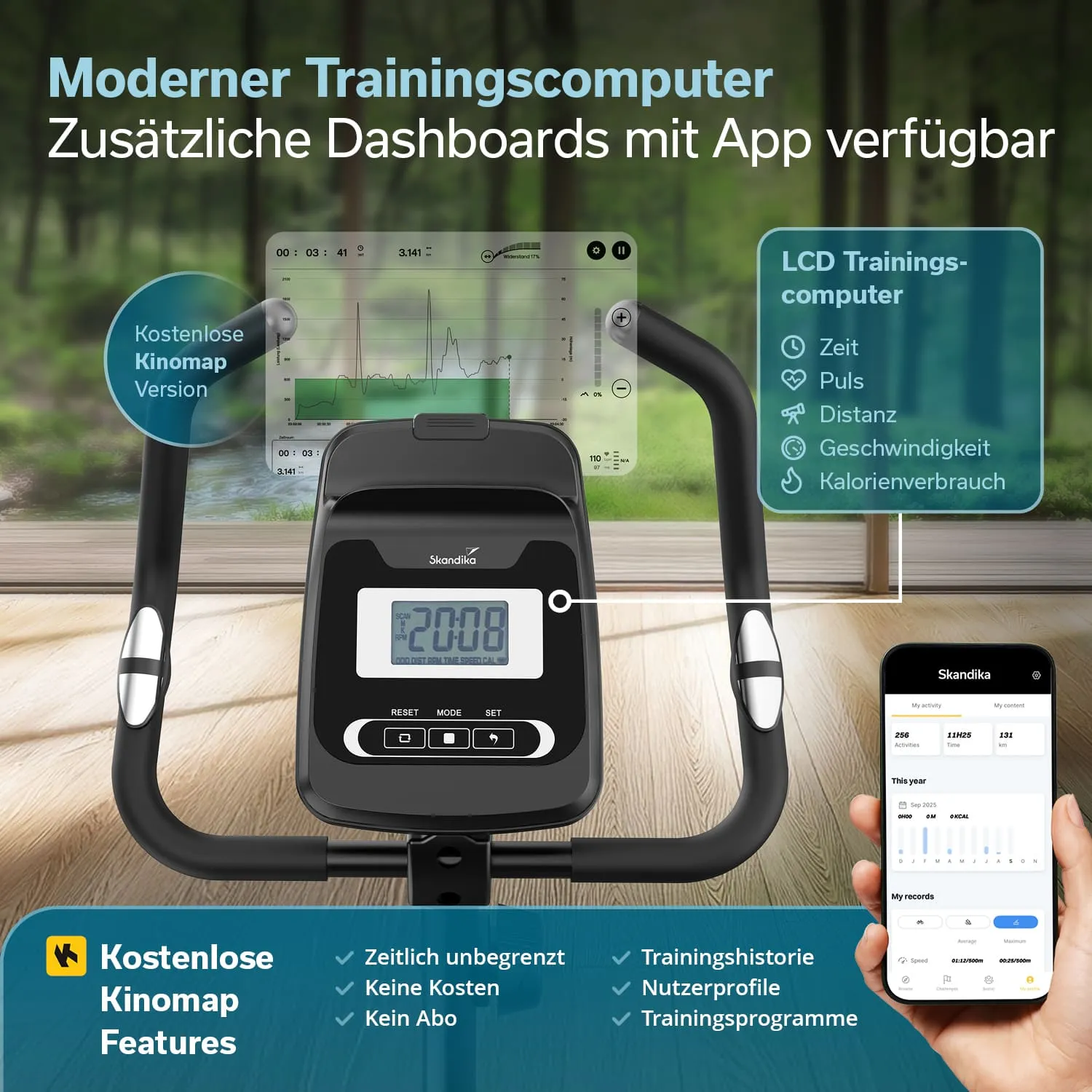 Trainingscomputer mit LCD-Display zur Anzeige von Zeit, Puls, Distanz, Geschwindigkeit und Kalorienverbrauch.