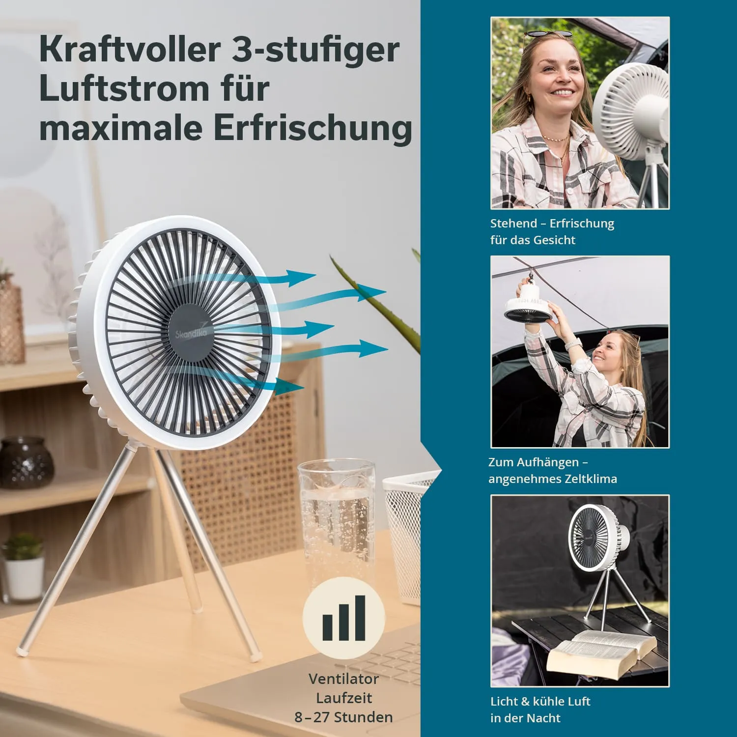 Ventilator mit drei Stufen, auf einem Tisch neben einem Wasserglas. Oben rechts zwei abgebildete Personen, eine nutzt den Ventilator, die andere hängt ihn auf.